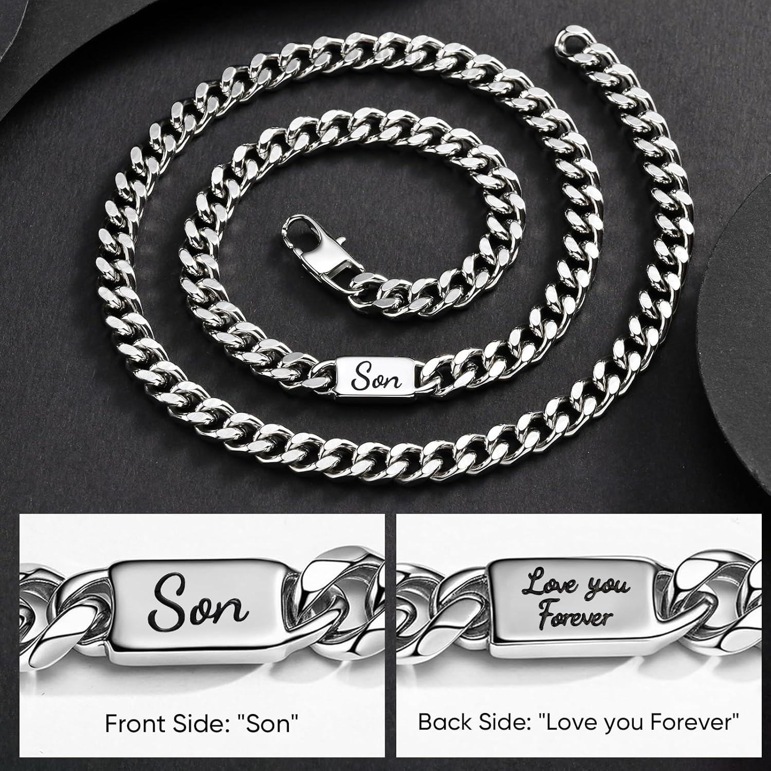 MEALGUET Cuban Link Chain Necklace for Men : Men's 316L Stainless Steel Silver Love You Forever Engraved Curb Chains Necklaces for Son Grandson Nephew Boyfriend, Jewelry Gifts for Birthday Valentines - Image 4