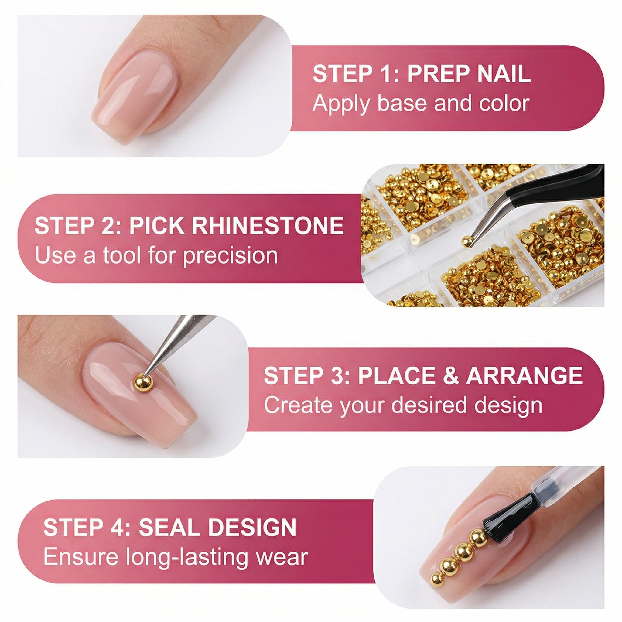 1 Boîte 3D Flatback Perle Ongle Or, Bijoux Ongles Nail Art, Strass Ongle Nail Art, Demi-Rondes Métal Perle Bijoux pour Decoration Ongle, Strass Ongles