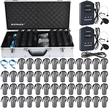 EXMAX EXD-6688 2.4GHZ Wireless Church Assisted Listening System with Automatically Connect Function for Simultaneous translation Meeting2 Transmitters & 50 Receivers with 64-slot Charging Case