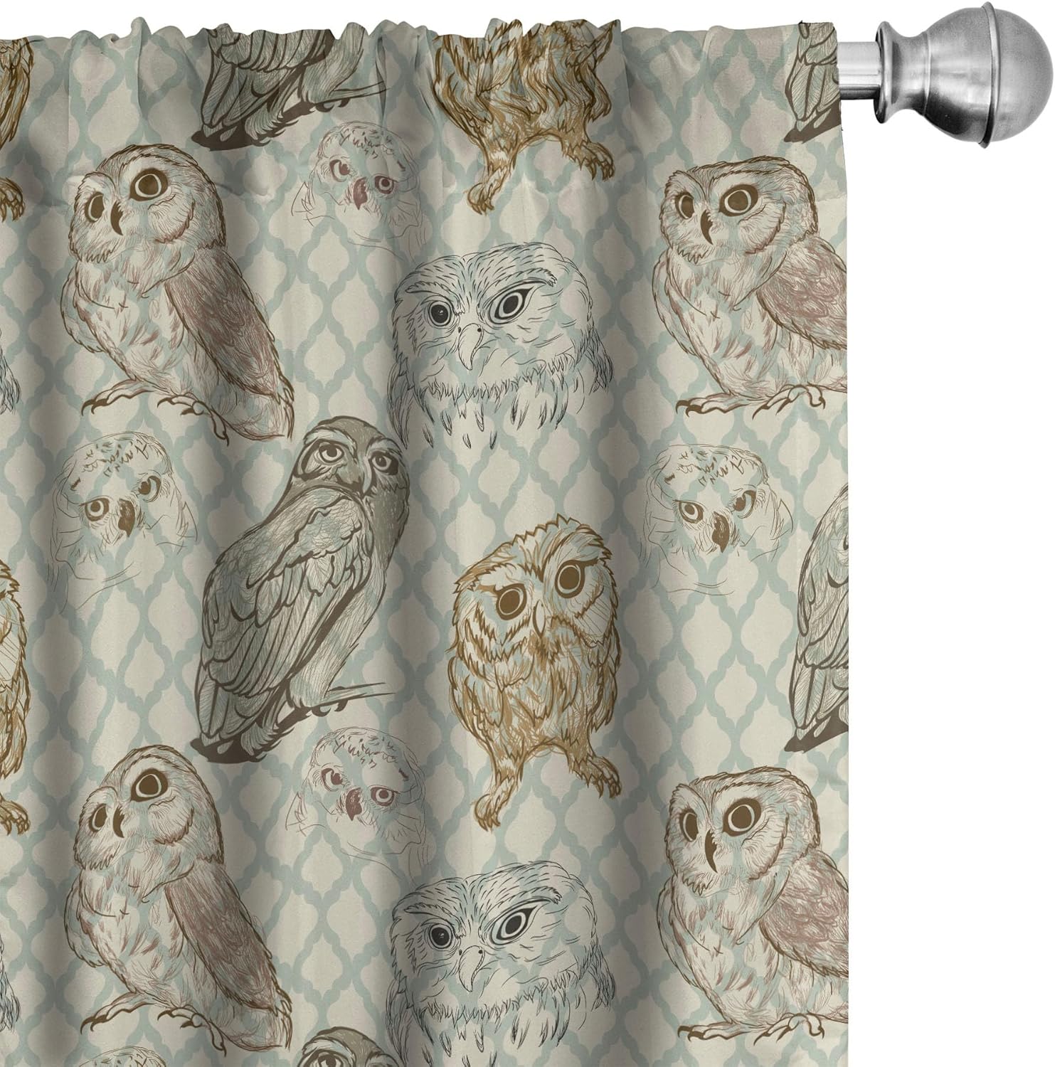 Ambesonne Owl Curtains, Cool Looking Owls Different Shapes and Sizes Drawing Style Sketch Pattern Print, Window Treatments 2 Panel Set for Living Room Bedroom, Pair of - 28" x 95", Green Brown