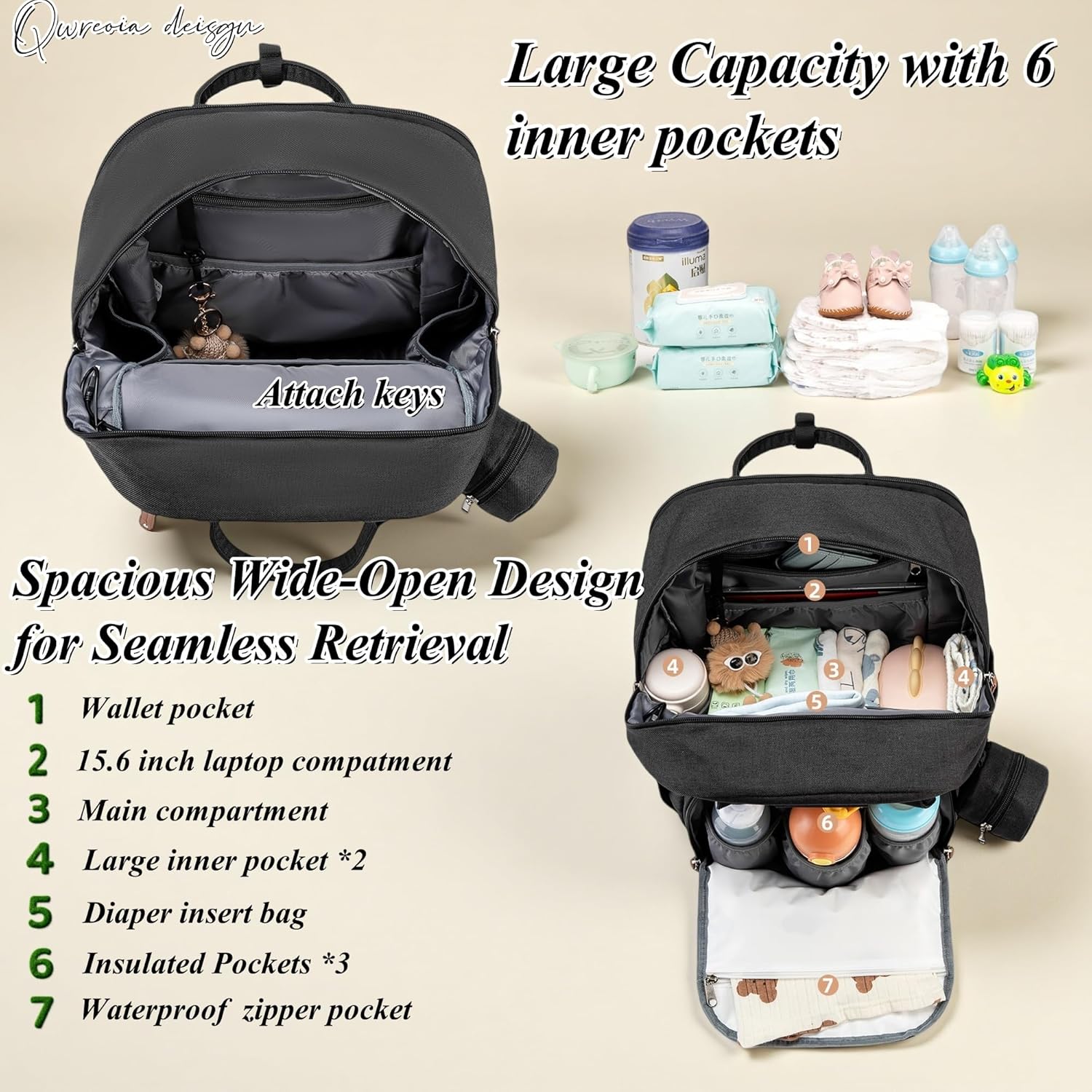 Expandable Diaper Bag Backpack for Dad and Mom – Large Capacity Baby Diaper Bag with Premium Leather, Changing Pad, Insulated Bottle Pockets, Stroller Straps, Laptop Sleeve – Black Travel Diaper Bag