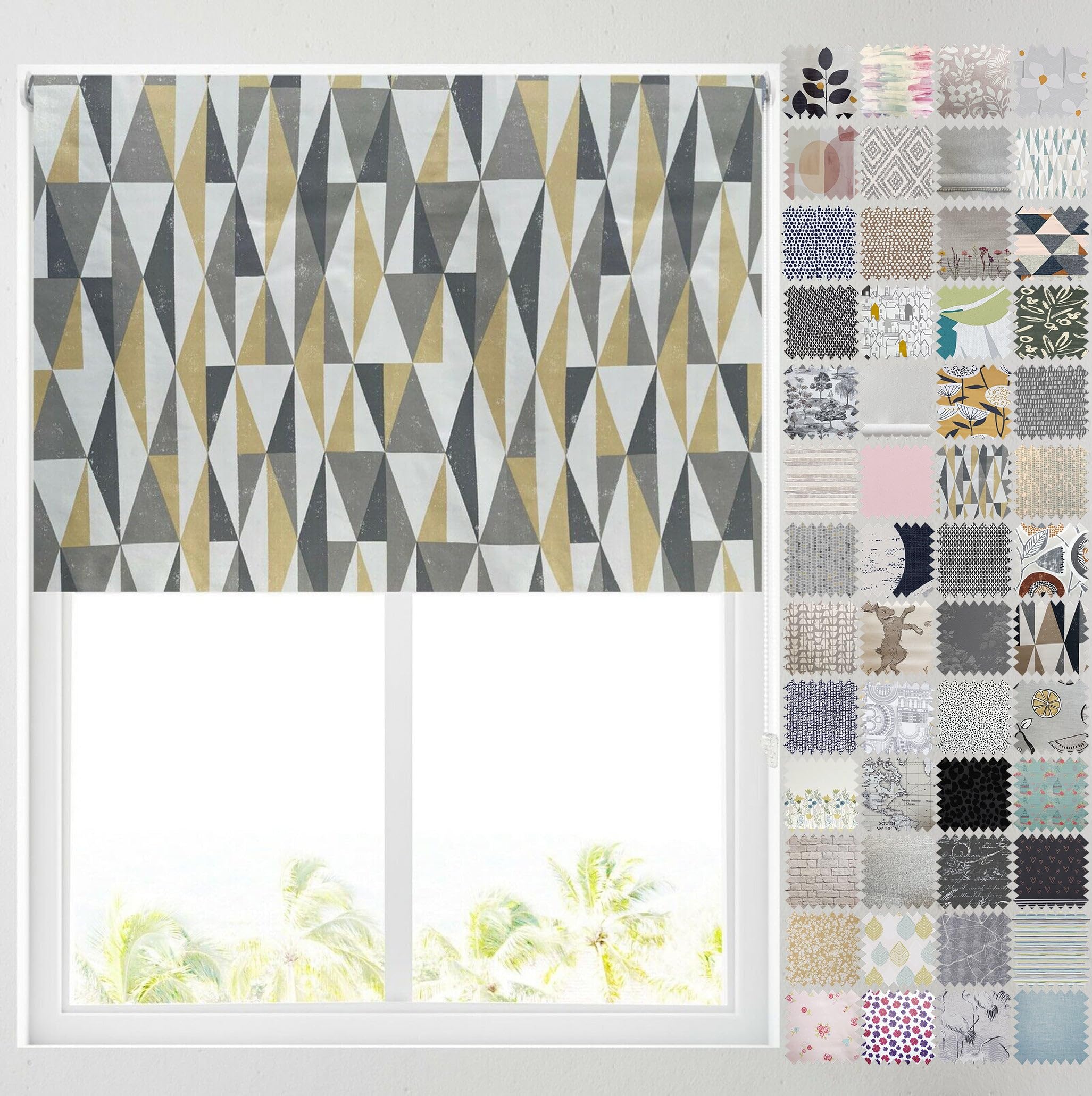 Barnes Blinds And Interiors Grey & Ochre Abstract Triangles Barnes Blinds - Blackout Pattern Roller Blinds For Windows, Custom Cut To Size - Thermal Fabric Durable Fittings Easy Fit ( 61Cm)