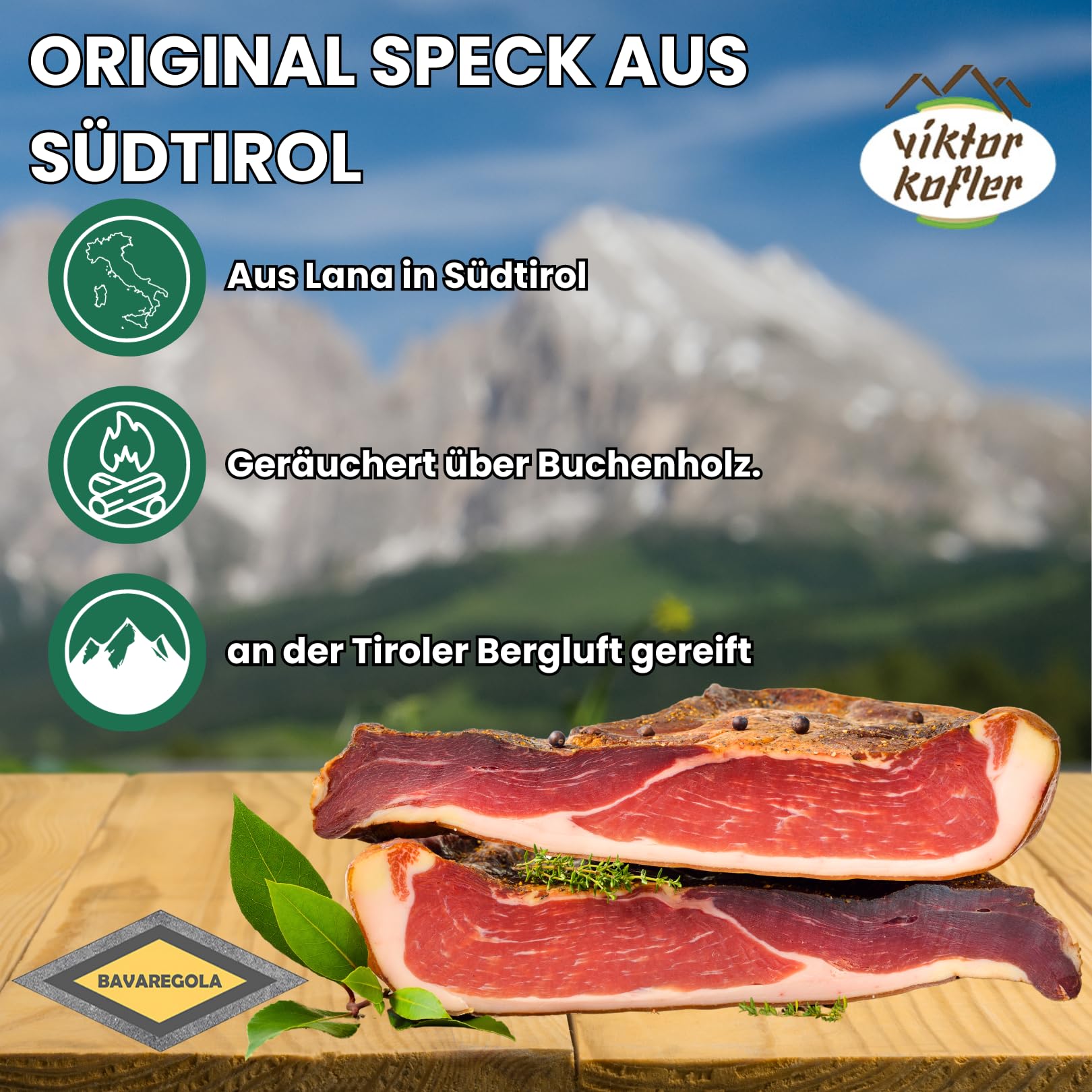 Südtiroler Alpenspeck ganz - 5kg - 1 ganzer Speck - 1/1 Hamme - 3 Monate gereift- Spezialität von Viktor Kofler/Lana