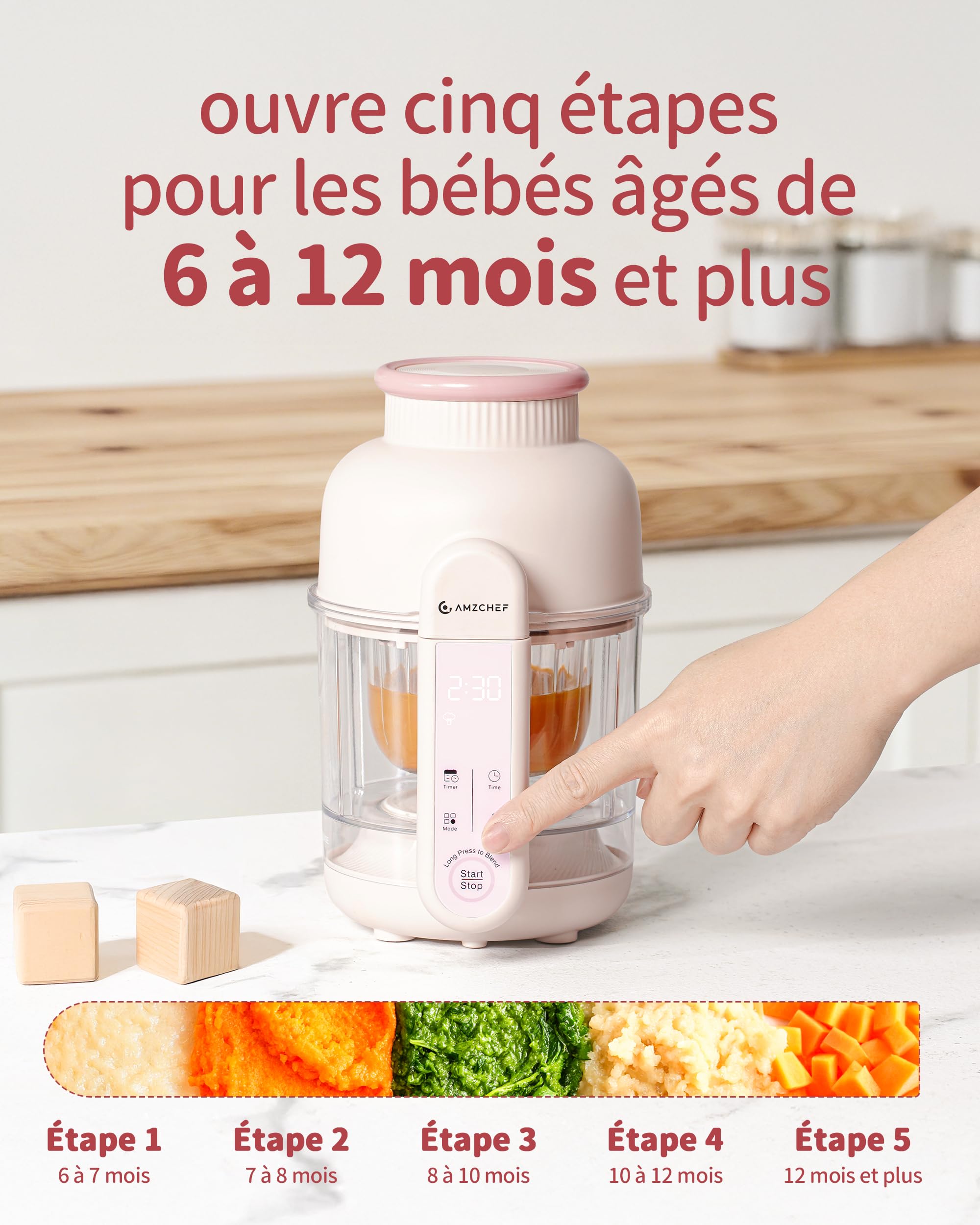 AMZCHEF Robot Cuiseur Bébé 6-en-1, Cuiseur Vapeur Mixeur 350 ml – Cuisson automatique & Hachage, Décongeler, Réchauffer – Commande Tactile, Lame 4 Couches, Sans BPA, Auto-Nettoyage