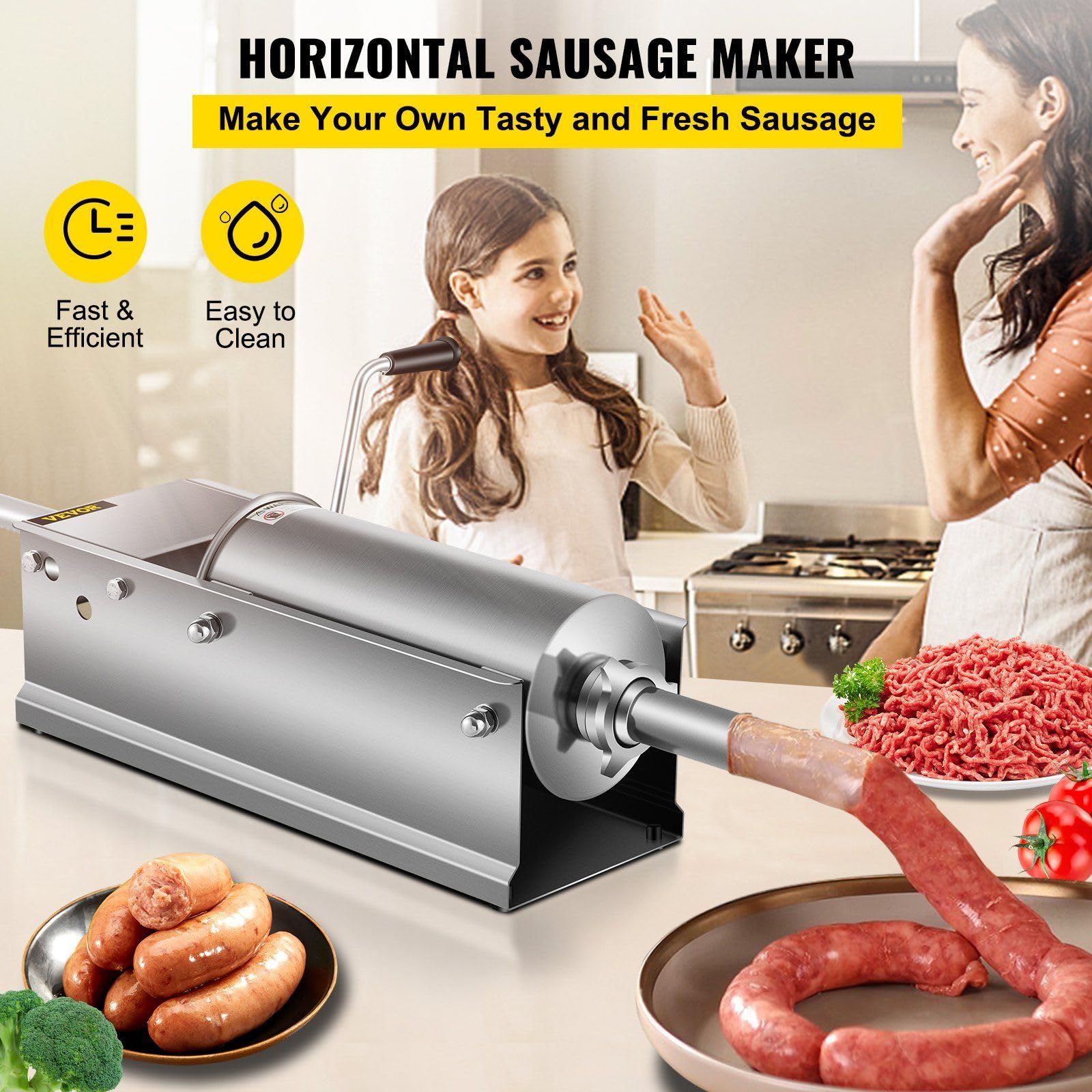 Horizontal Sausage Stuffer 5L/11Lbs Manual Sausage Maker With 5 Filling Nozzles Sausage Stuffing Machine For Home & Commercial Use Stainless Steel