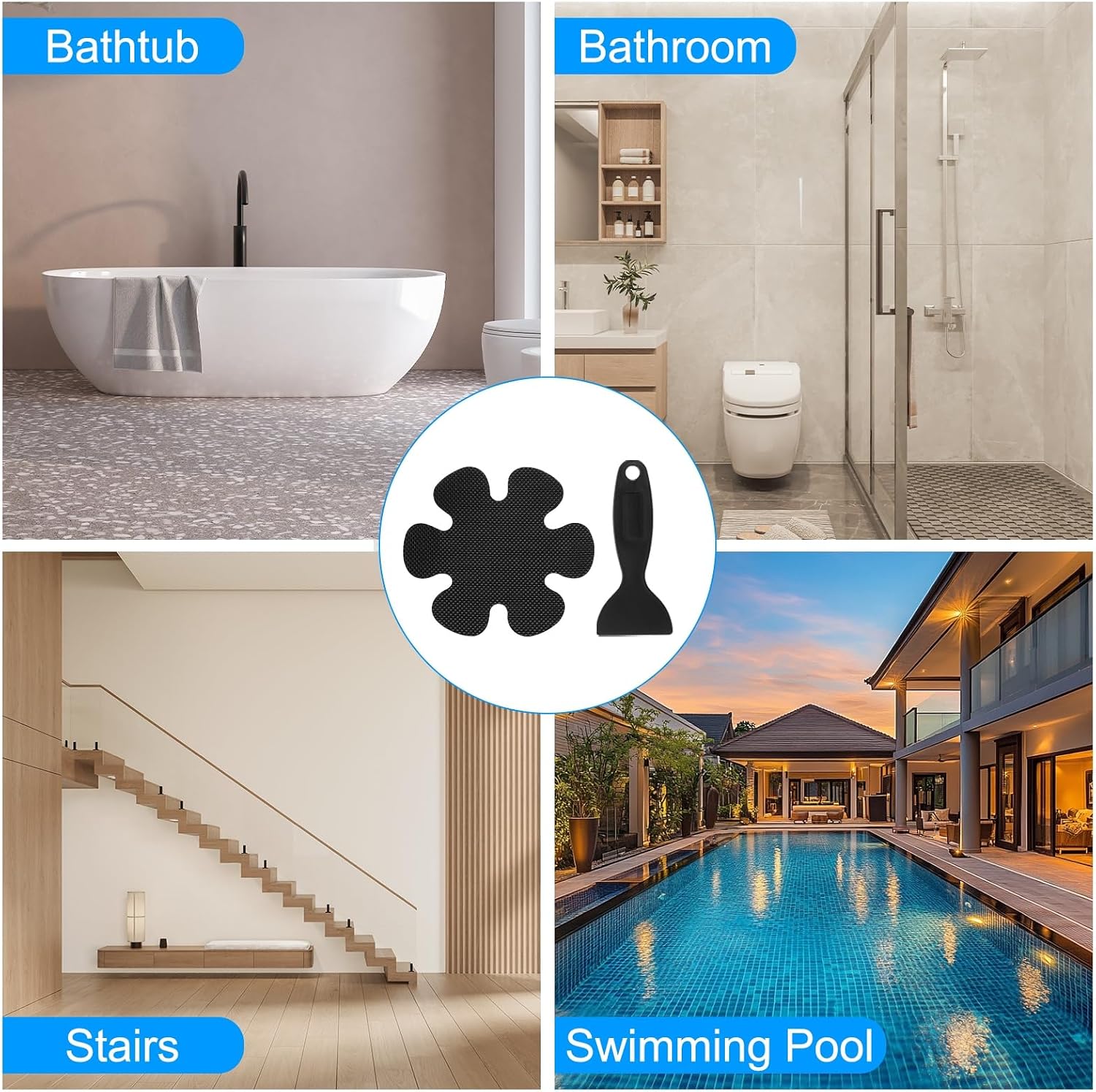 PATIKIL Bathtub Non Slip Stickers 3.9 x 3.9 Inch, 12 Pack Flower Safety Shower Floor Anti Slip Stickers with Adhesive Decals Scraper for Bath Tub Shower Floor Stair, Black