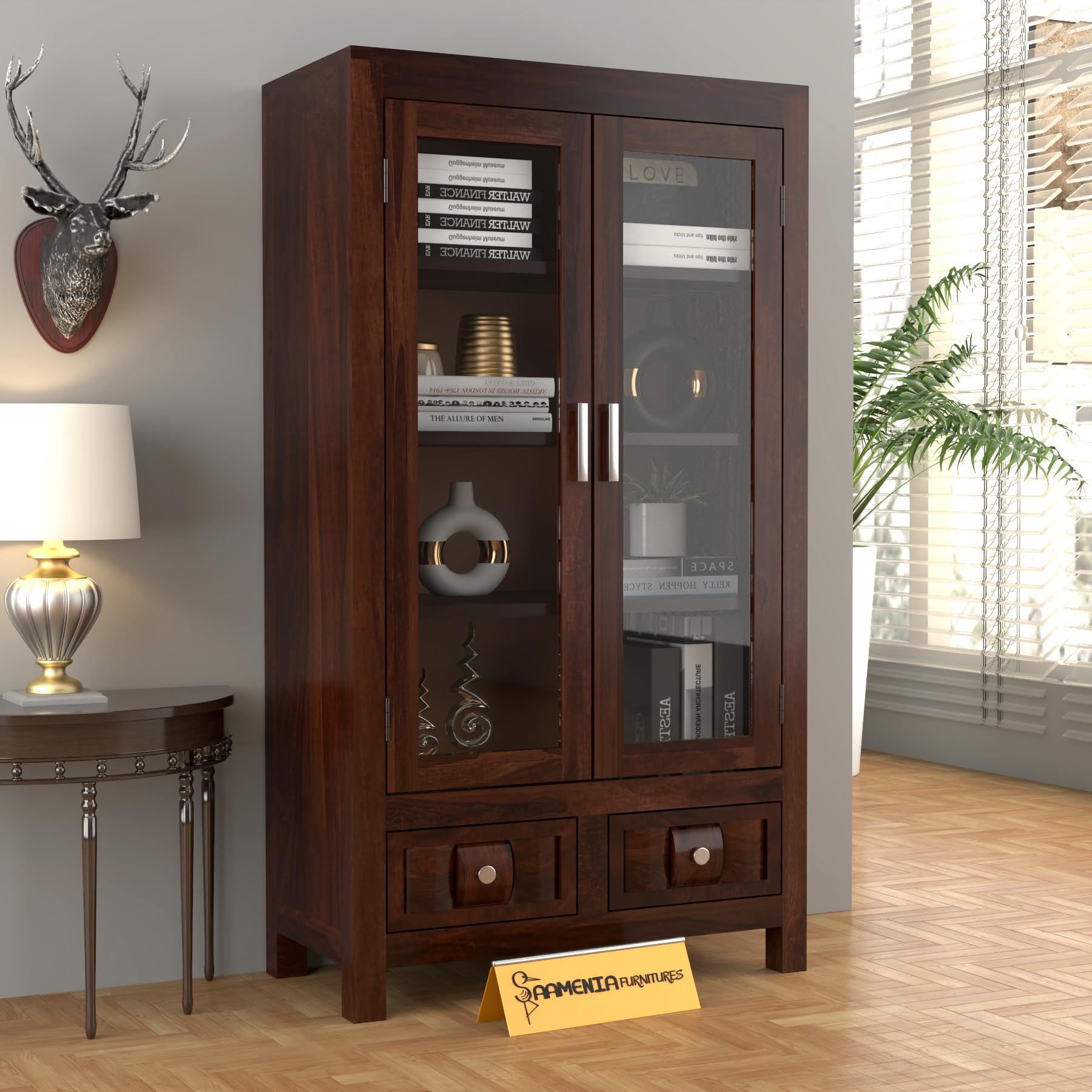 FURNESHO Solid Sheesham Wood Book Cabinet with Acrylic Glass Doors | Rosewood Display Storage Unit with Shelves & Drawers for Home & Office (B-Walnut Finish) discount deal