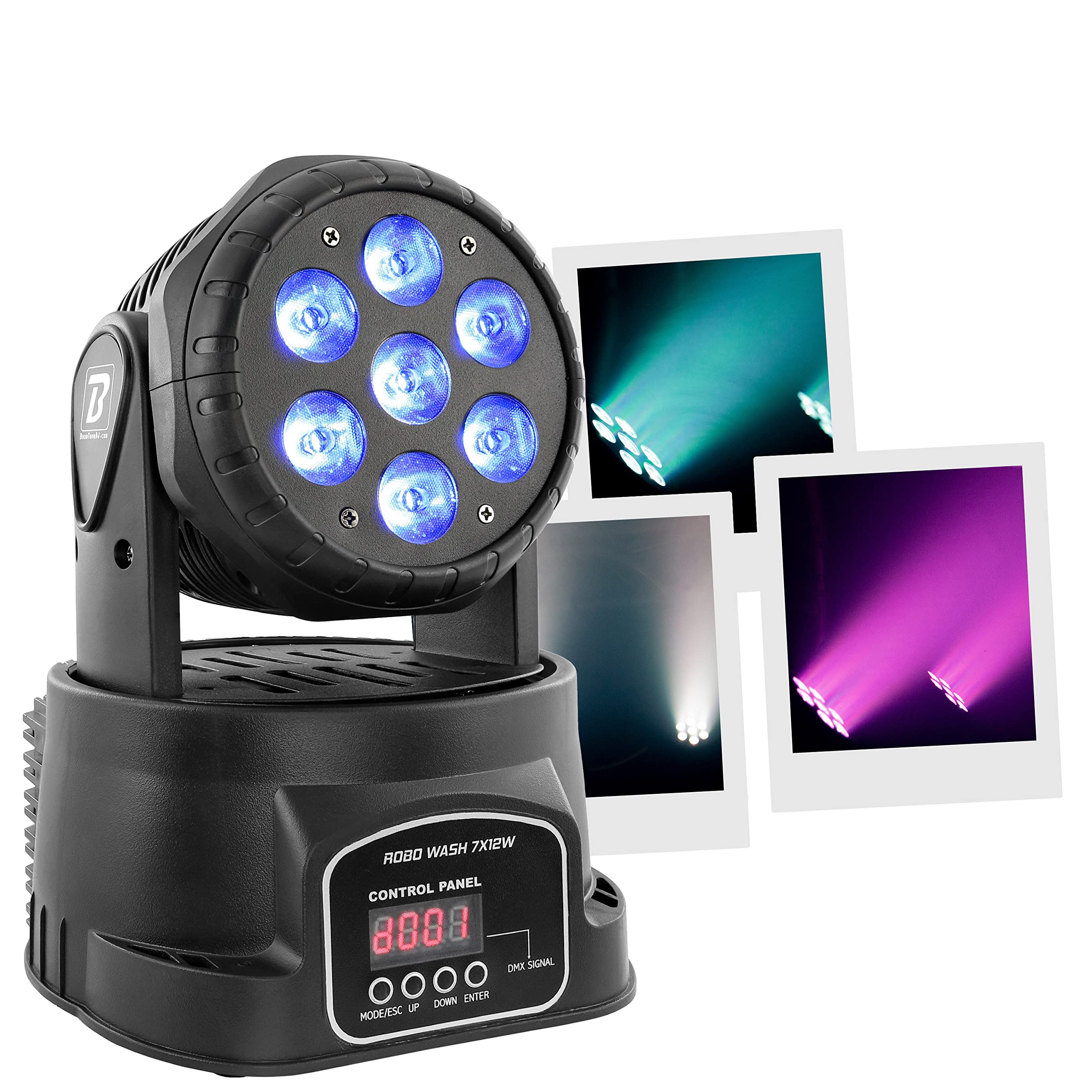 BoomTone DJ ROBO WASH 7X12W LED RGBW Bühnenlicht 4in1 Dimmer, Stroboskop, Moving Head Spots, Motorisierte Lyra, automatische Programme, Musikerkennung, DMX, Master/Slave