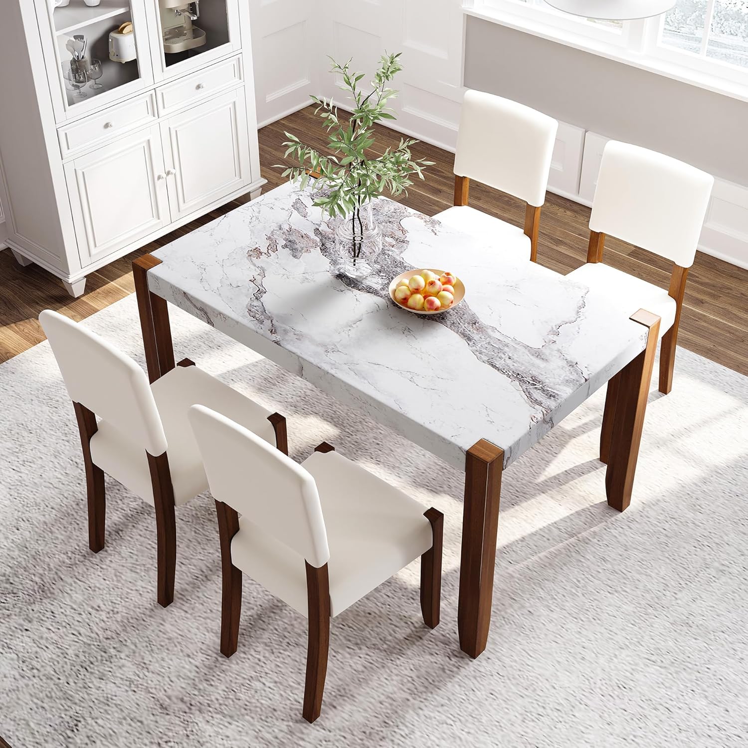 Ball & Cast 5 Piece Dining Table Set with 4 Upholstered Chairs,Wooden Living Room Furniture W/ 46" Faux Marble Style Desk,for Restaurant,Home Bistro,Off White Off White 5 Piece
