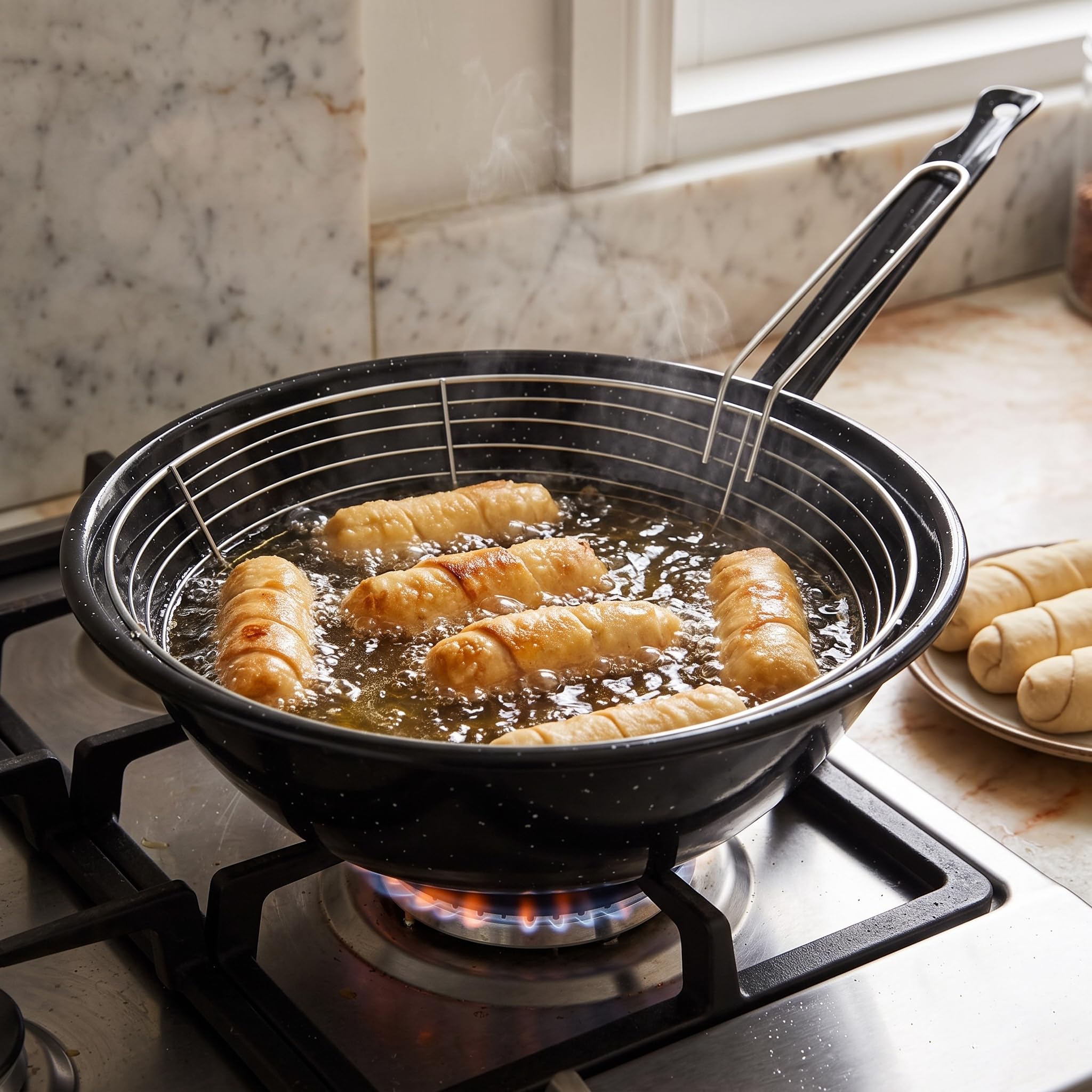 Space Home - Padella Friggitrice con Cestello - Acciaio Vetrificato Antiaderente - 24 cm - Nero