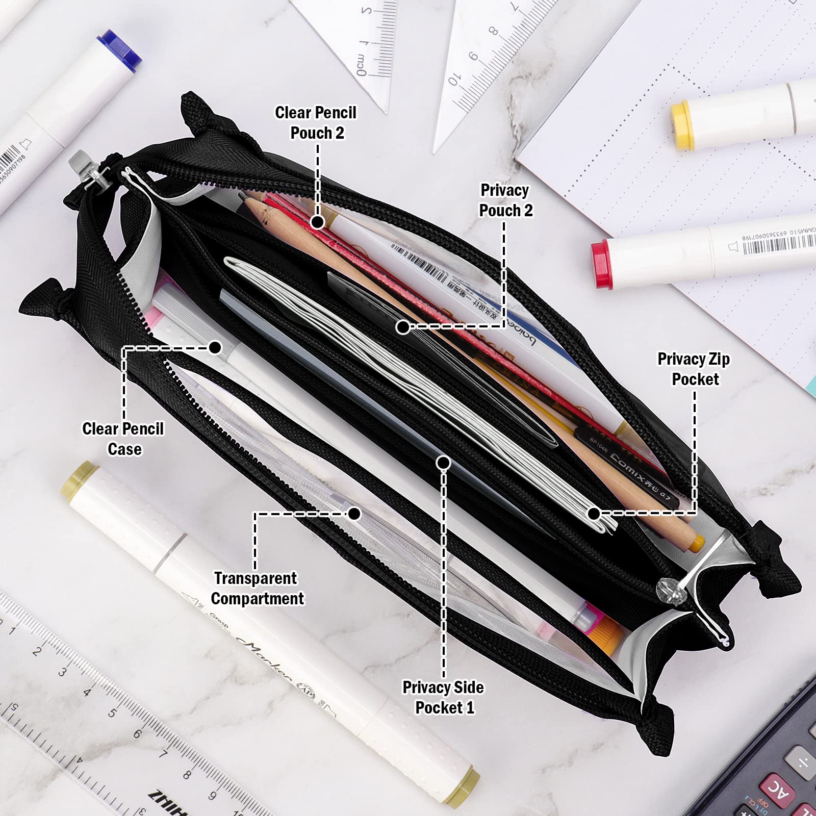 hoinya Large Capacity Pencil Case, 6 Compartments Transparent Pencil Pouch - Image 3