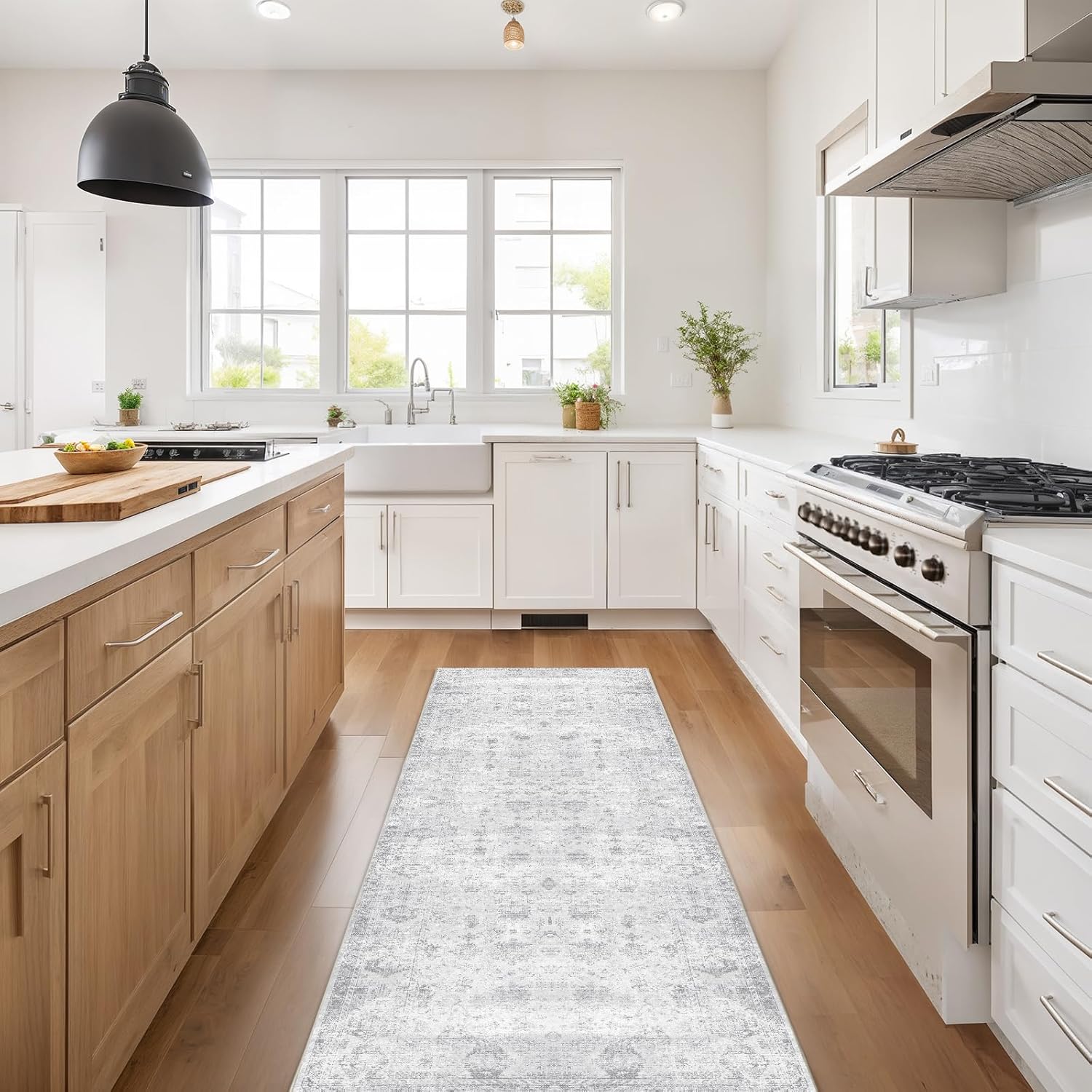 Hallway Runner Rug 2x6 Washable Area Rugs, Vintage Floral Rug Soft Non Slip Stain Resistant Boho Floor Carpet Runners for Hallways Entryway Laundry Room Kitchen Bathroom, and Bedroom Grey