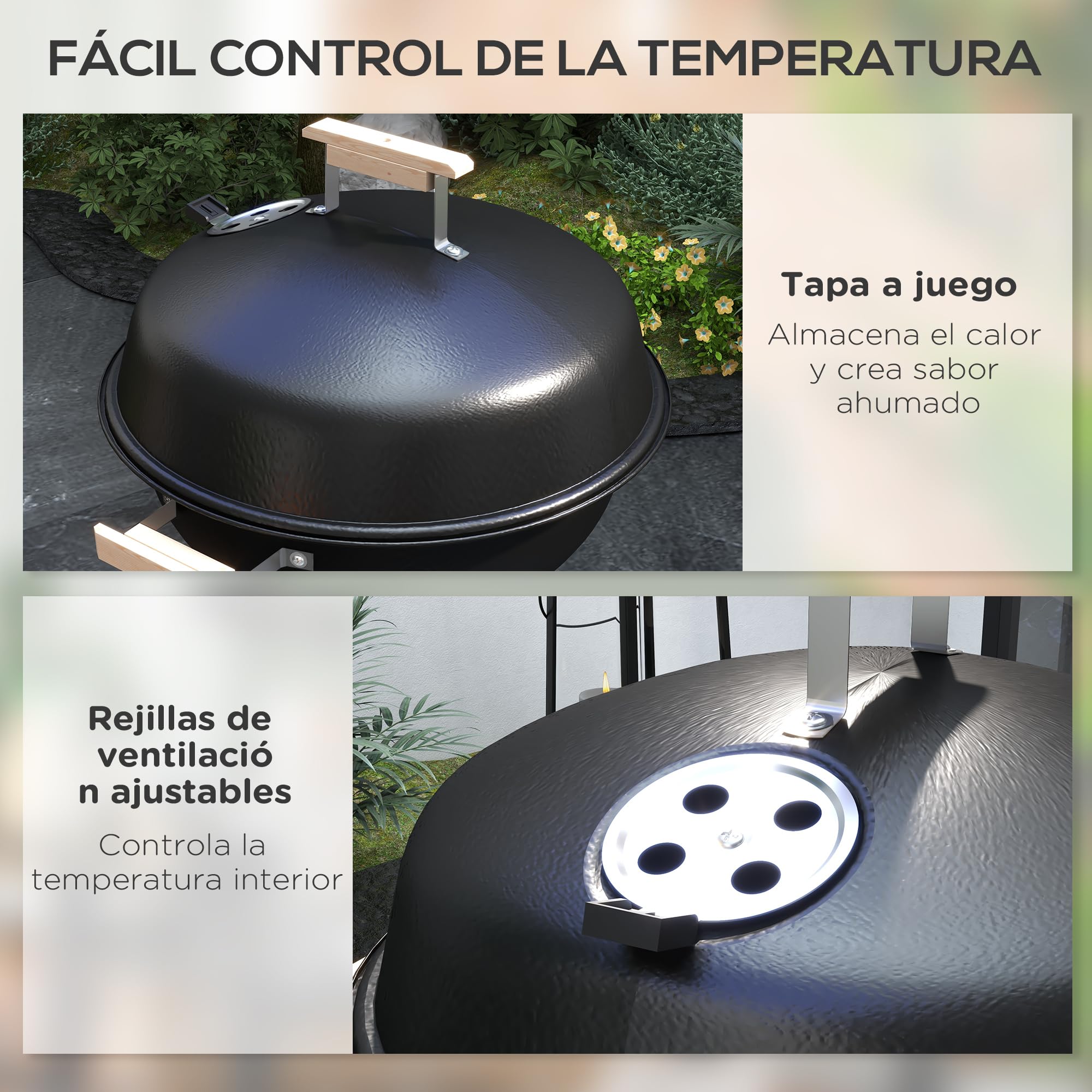 Outsunny Barbacoa de Carbón Vegetal con Ruedas Parilla de Carbón BBQ Portátil Tapa y Tazón Esmaltados Mangos de Madera 48x56x94 cm para Jardín Exterior Picnic Acampada