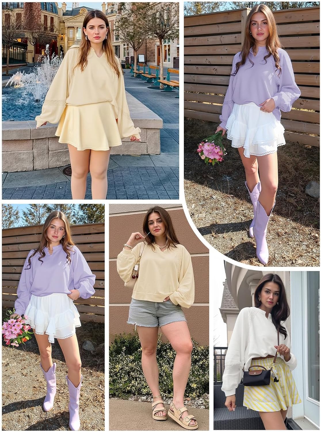 Fisoew Womens Oversized Sweatshirt Casual V Neck Lace Lantern Long Sleeve Cropped Loose Fit Fall Pullover Tops - Image 5