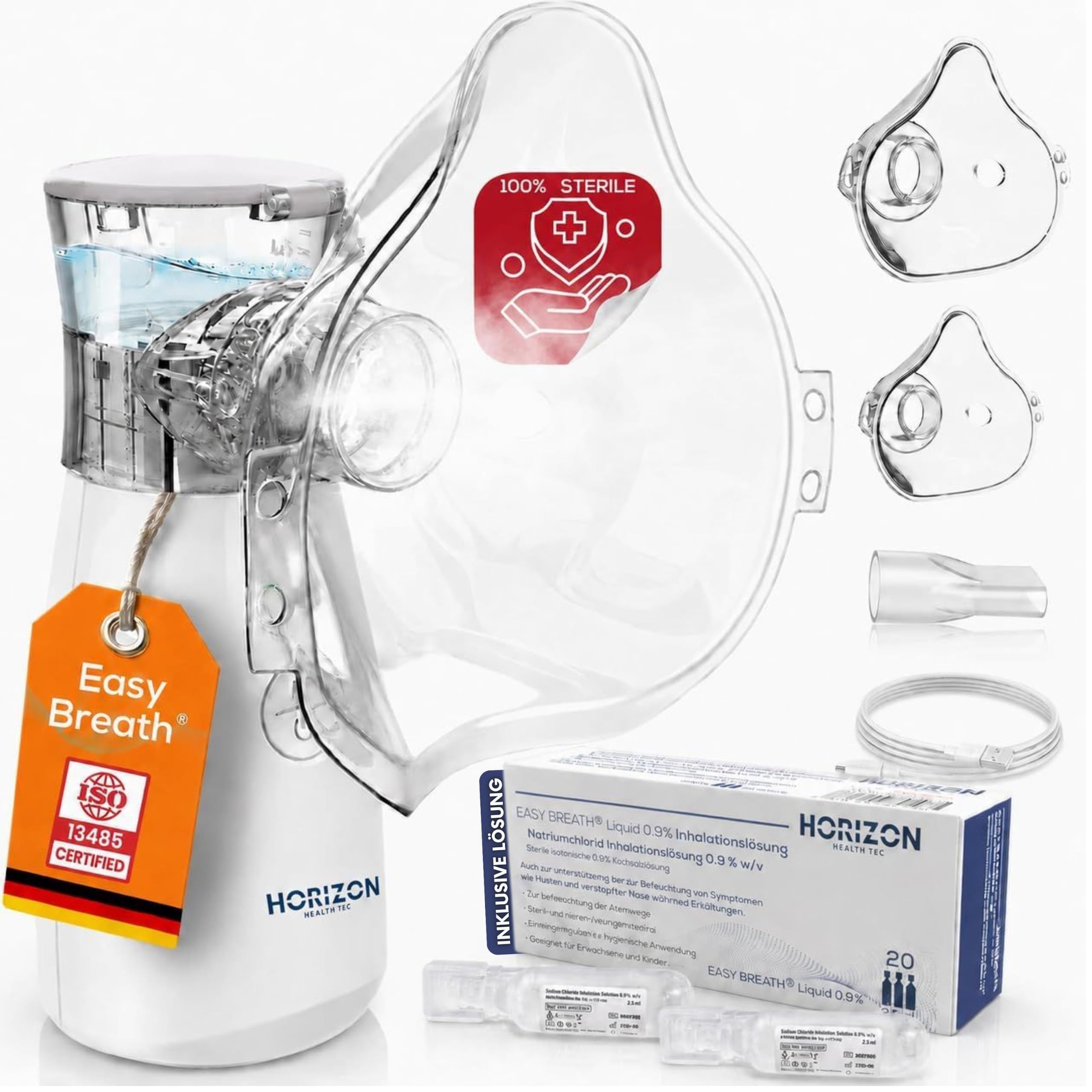 Horizon Health Easy Breath® Pro – TÜV-geprüfter, flüsterleiser Inhalator - Kinder & Erwachsene – tragbarer Nebulizer - Smart Fill® Behälter, 2 Modi, USB-C Aufladung & autom. Reinigung