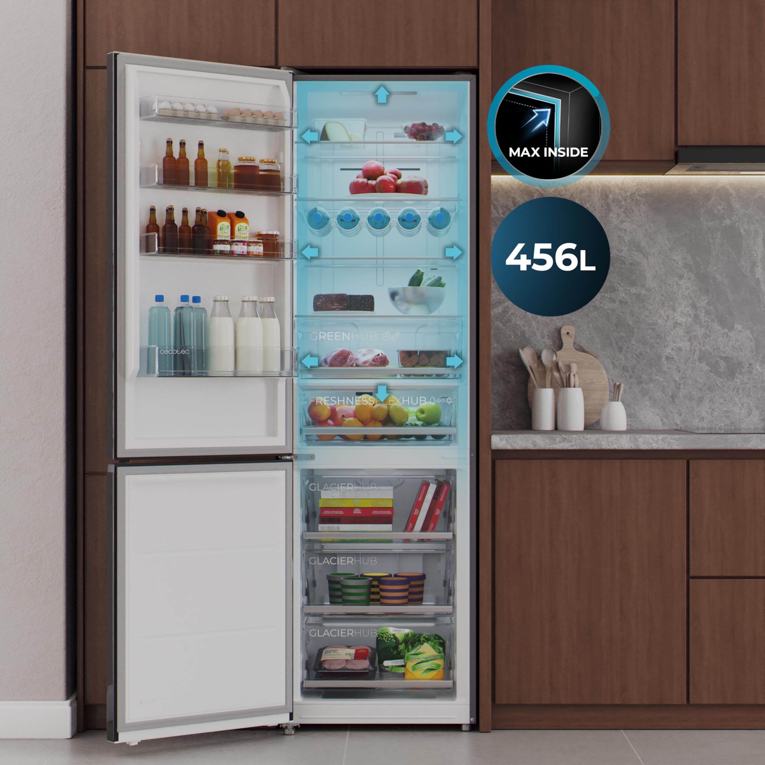 Cecotec Frigorífico Combi Total No Frost Bolero CoolMarket Combi 456 Black Glass E, 456 L, Alto 201 cm y 59,5 cm Ancho, MAX INSIDE con VIP tech, Compresor Inverter Plus, Botellero y Bandejas Cristal