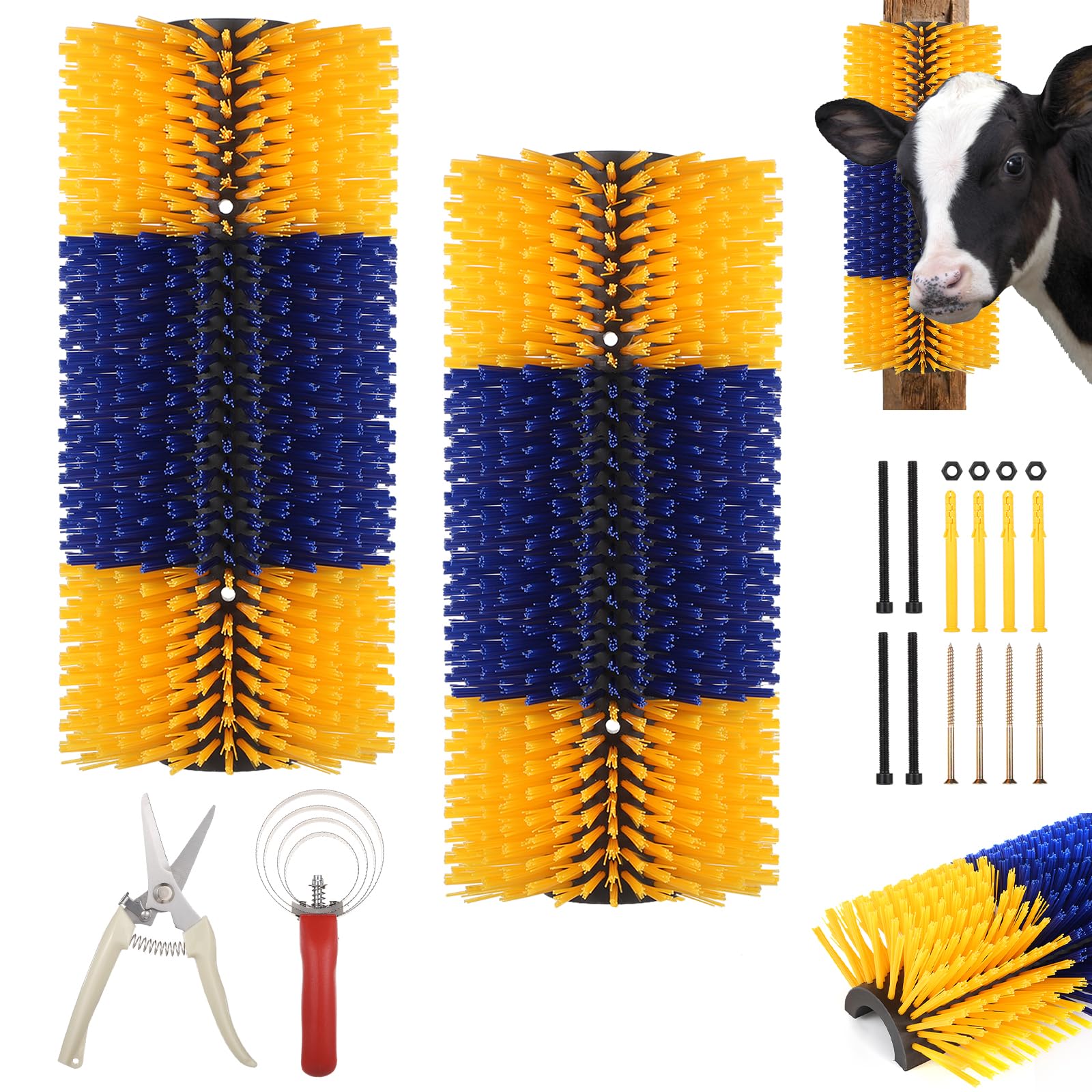 2 Pack Vieh-Kratzbürsten, mit Pferdekamm & Trimmschere, großer weicher Kuhkratzer, Ziegenpferd Kratzbaum, Massagebürste für Pferde, Schafe, Hirsch