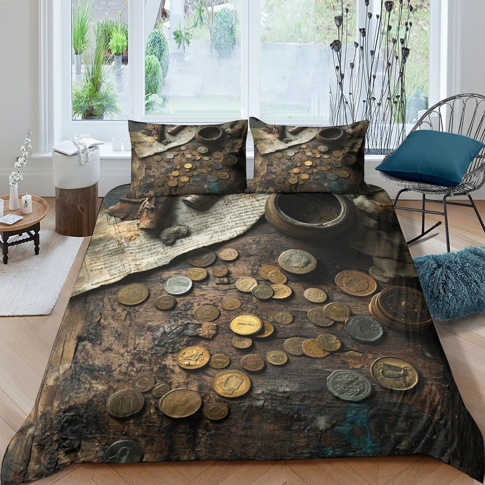P5V6M1Q9 3D Printed Vintage Coins Duvet Cover Microfiber Soft Breathable Treasure Map Bedding Set with 2 Pillowcases for Bedroom Decor Single（135x200cm）