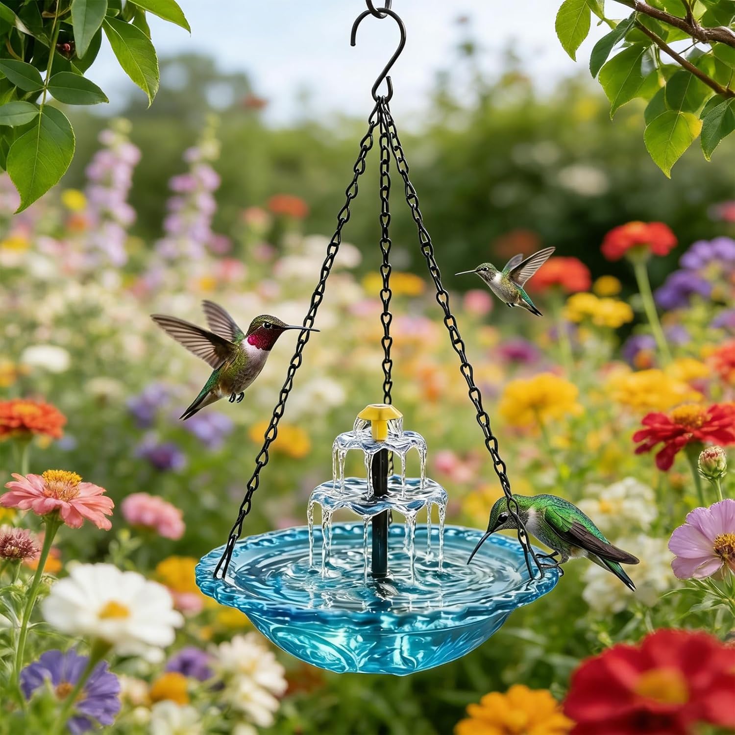 Solar Cascade Hanging Bird Bath Fountain, Solar Powered Glass Bird Bath for Outdoors, Large Bowls for Hummingbirds, Attracts Birds to Garden Décor (Calming(Blue),Double Layer)
