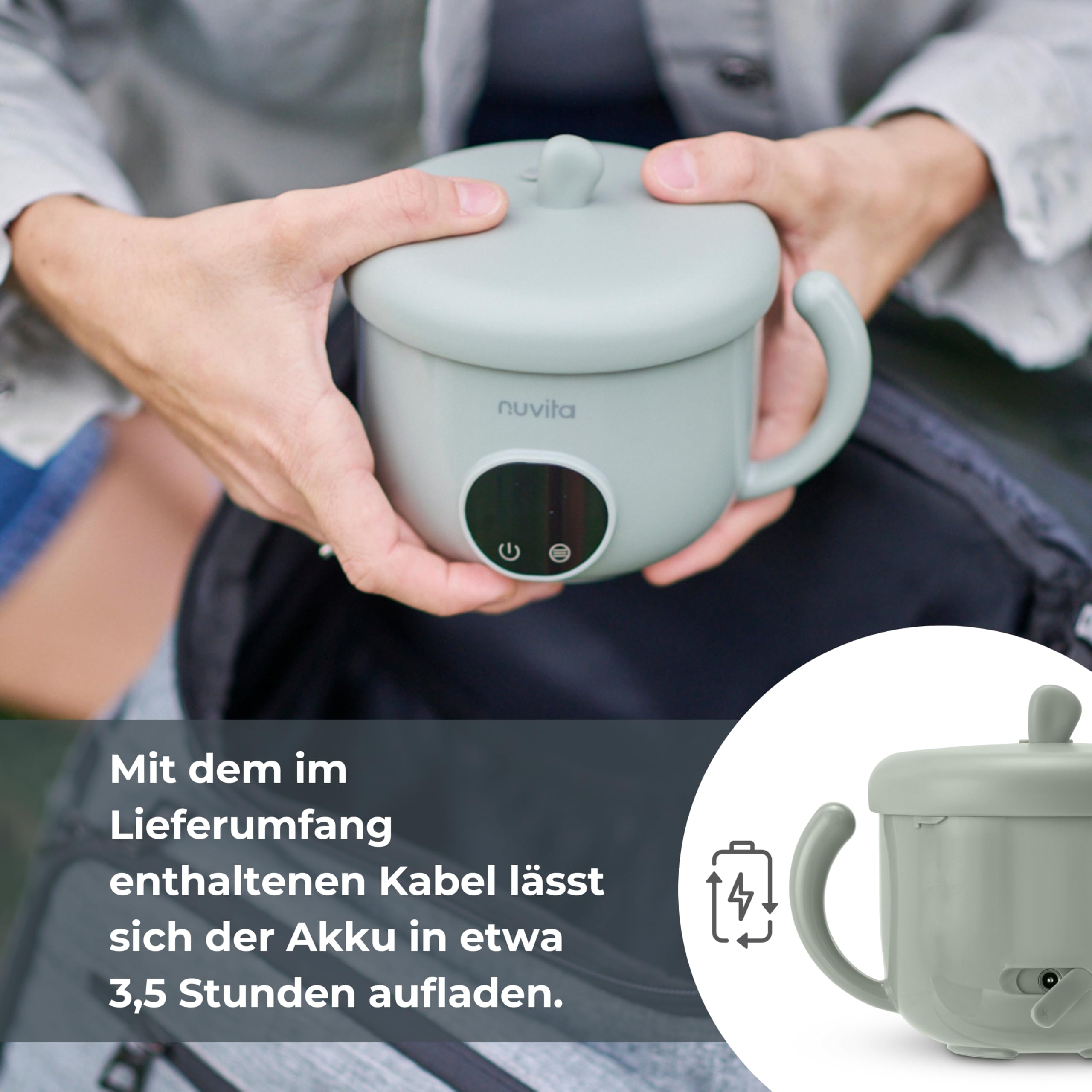 Nuvita 1980 Pappa'n'Go Tragbarer Babykostwärmer – Aufladbar, Wasserdicht, mit intelligenter Temperatursteuerung, Edelstahl-Innenraum und rutschfestem Boden – Ideal für unterwegs