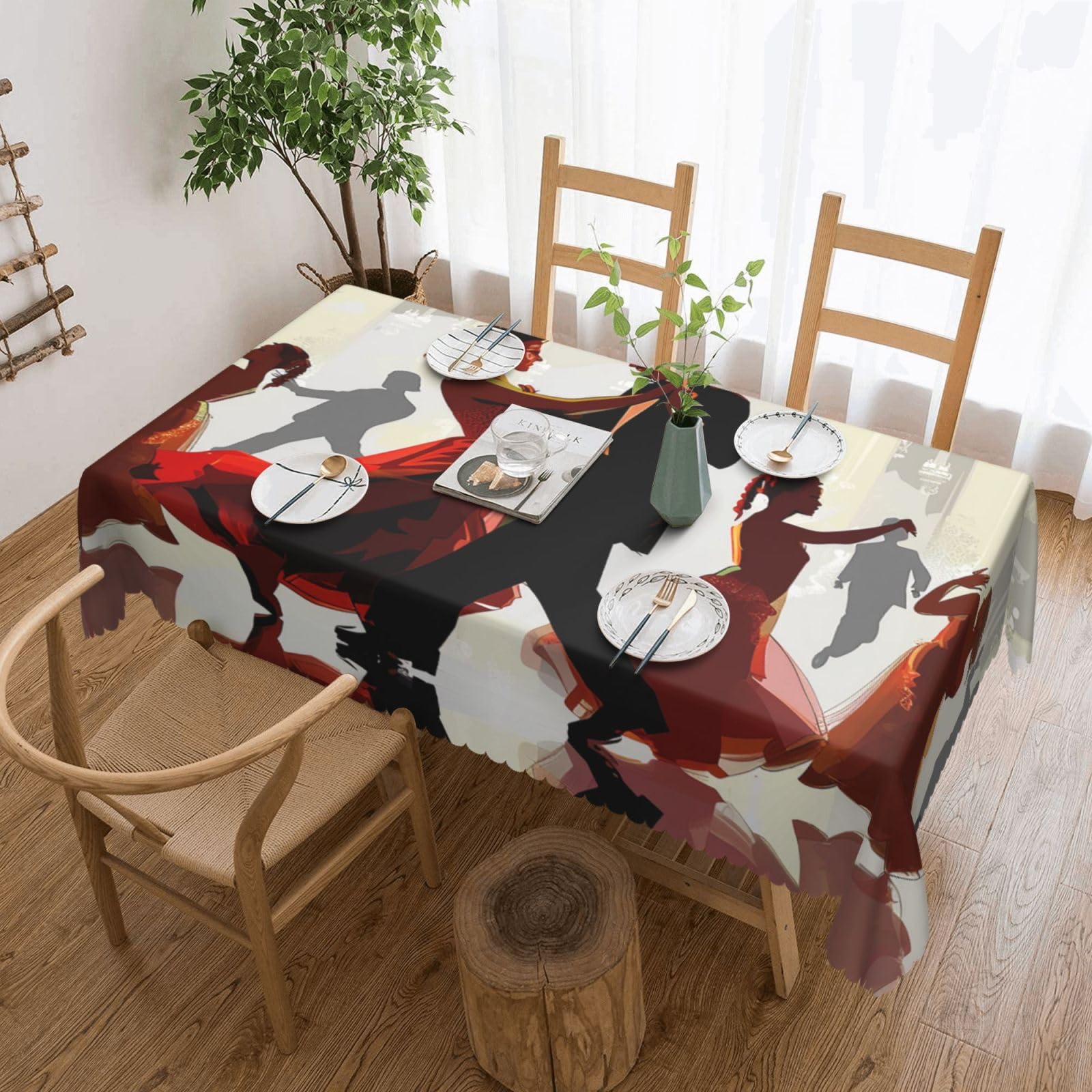 WPKJU Ballroom Dance Printed Rectangle Tablecloth 72x54 Inch with Lace Trim, Water-Resistant Washable Table Cover for Farmhouse Weddings, Outdoor Picnics & Holiday Dining