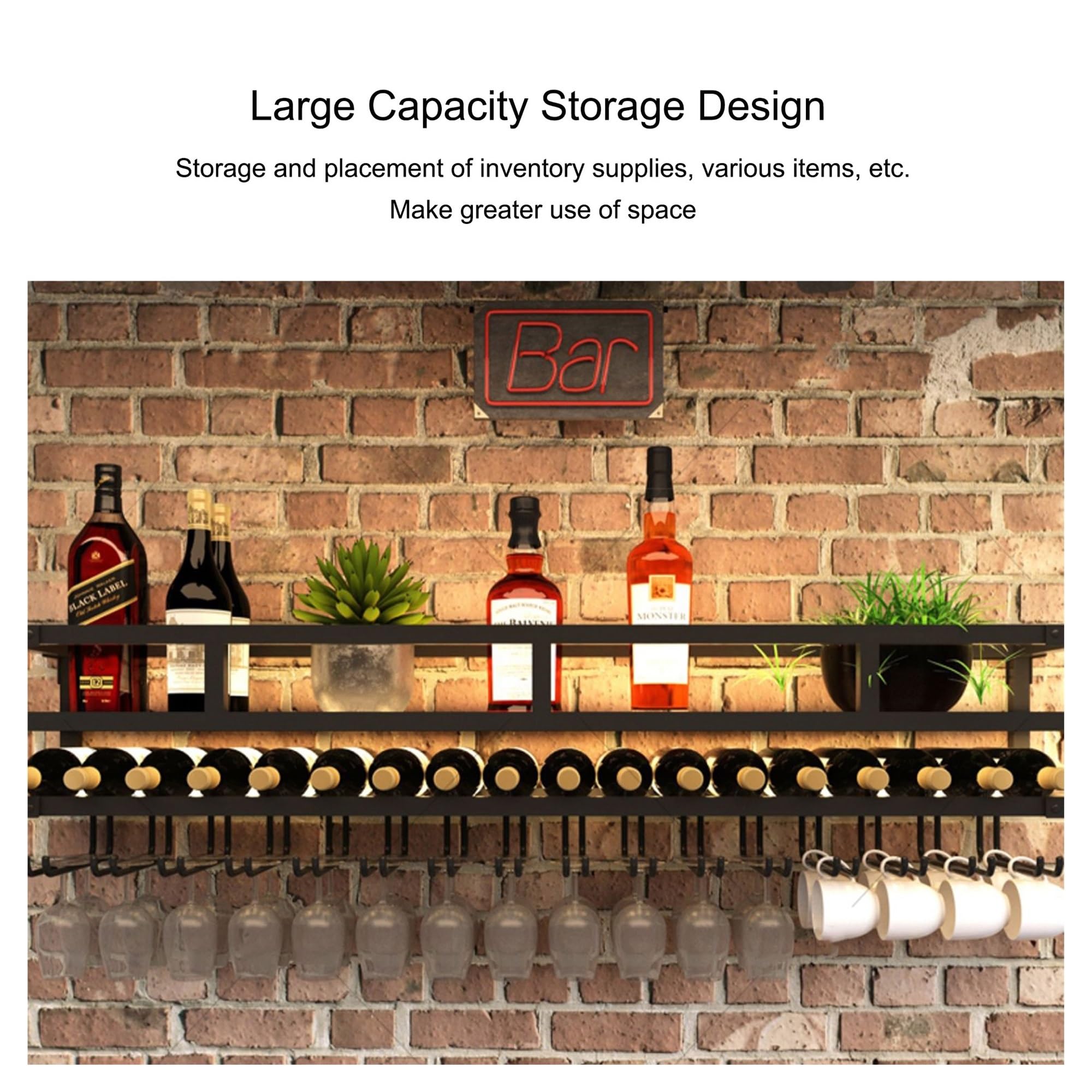 Botellero Vino Pared con Luz Mueble Bar Garrafeira Mini Bar Wine Rack Mueble Comedor Estanteria Cocina Pared con Soporte Copas Colgante para Bar Sala de Estar y Cocina(Black,DOUBLE LAYER_60*25CM)