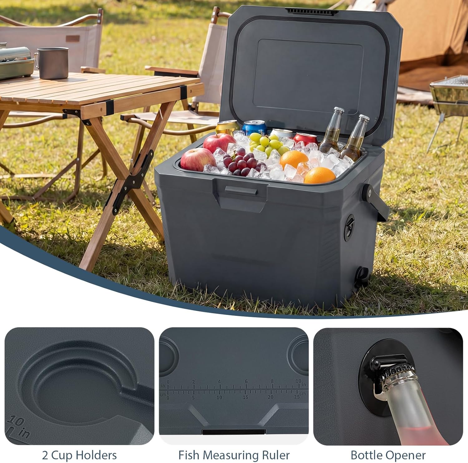 COSTWAY Insulated Portable Cooler, Hard Shell Ice Chest w/ 2 Cup Holders, Bottle Opener, Drain Plug, 3-Day Ice Retention, Outdoor Leak-Proof Dry Box for Beach, Camping, Fishing, Picnic