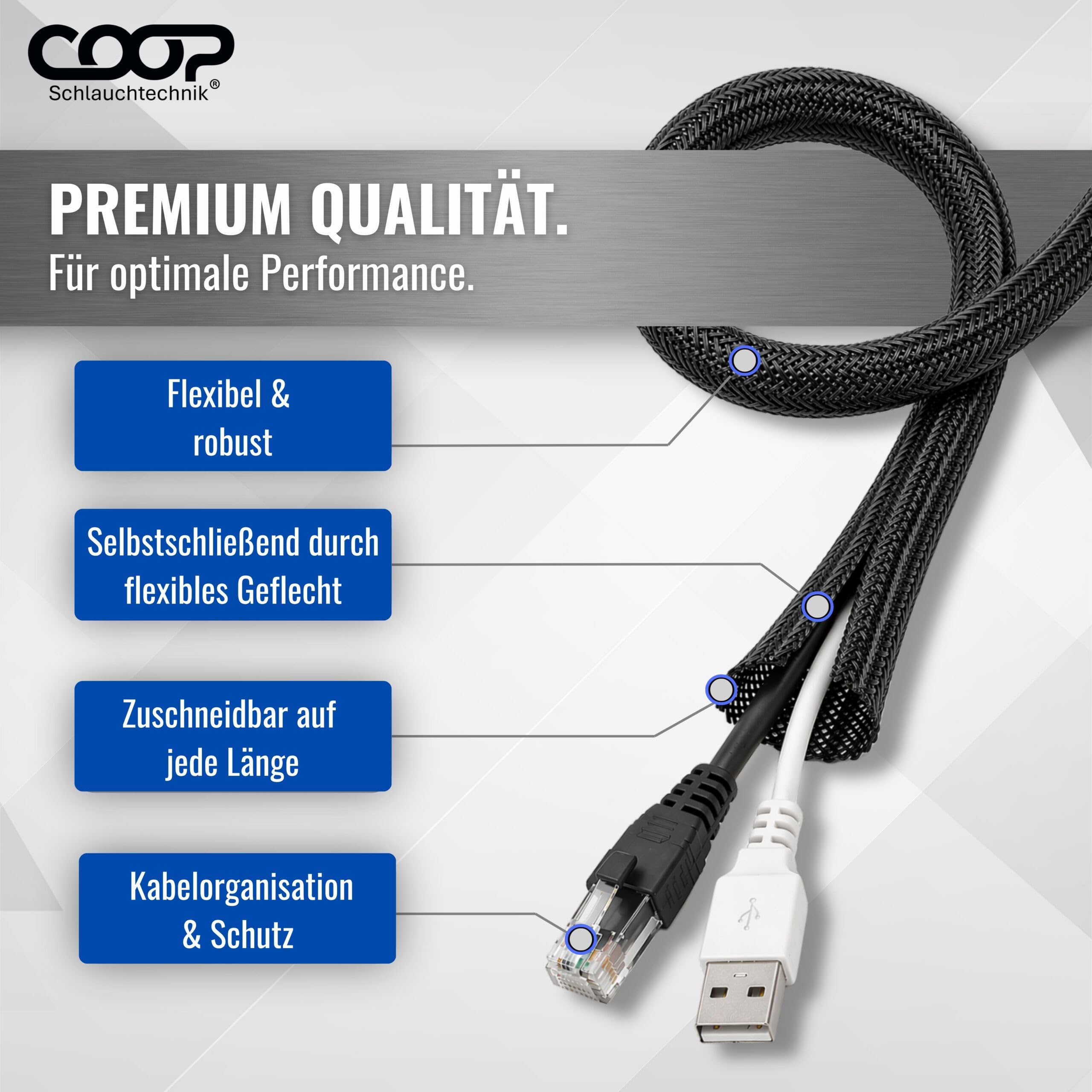COOP Gaine de câble Ø 32 mm x 8 m Noir – Tuyau en tissu autobloquant – Protection de câble découpable – Goulotte flexible – Gestion des câbles pour TV, ordinateur, home cinéma, véhicule et bureau