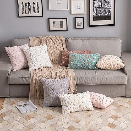 Miniatura 4 de MIULEE - Paquete de 2fundas decorativas de pelo sintético para cojín, de felpa, con plumas y hojas doradas, lindas, suaves y mullidas, para sofá y