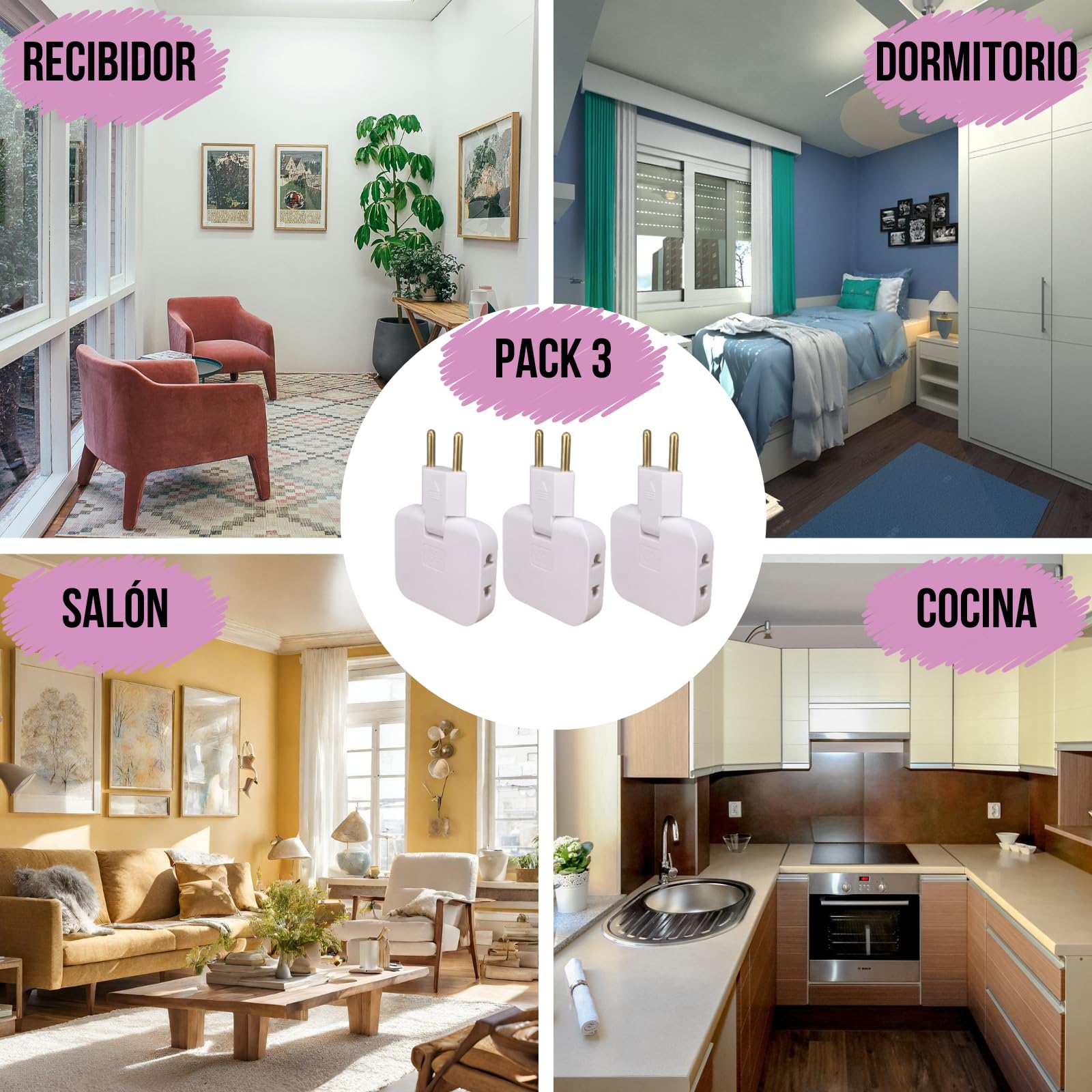 Pack 3 Ladrón Enchufe Plano múltiple de Pared de 3 Tomas con Cabezal Giratorio 180º. Regleta Enchufe Adaptador Europeo y Americano. — view 6