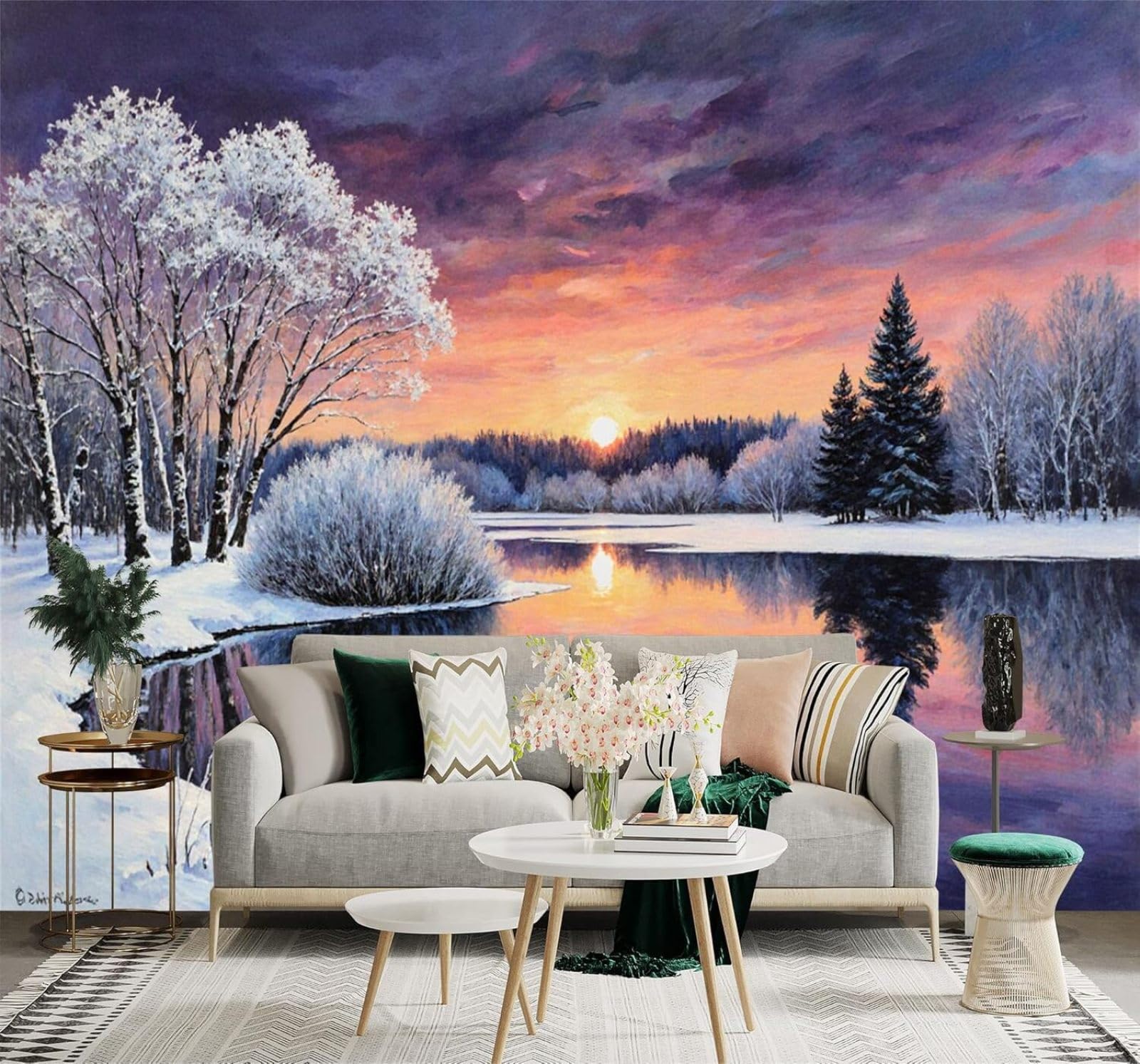 XLMING Winter Sunset Forest River Reflection Colourful Sky 3D Wallpaper Silky Texture Home Study Office Grey Dining Room Sofa Bedroom Living Room TV Backdrop-150cm×105cm