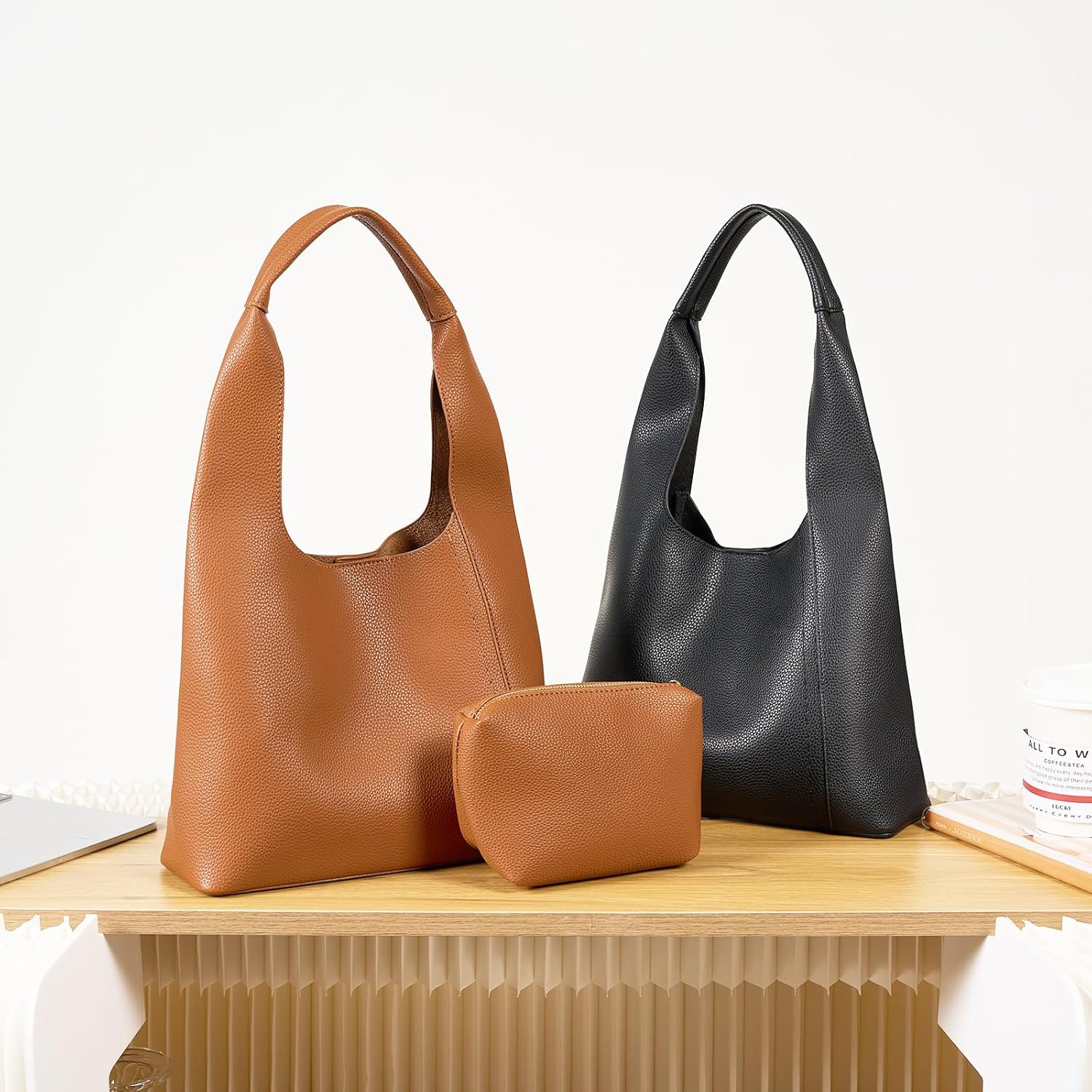 Kseymeir Slouchy Hobo Bags for Women, Shoulder Handbag Purse 2pcs Soft Tote Work Bag PU Leather Top Handle Bag