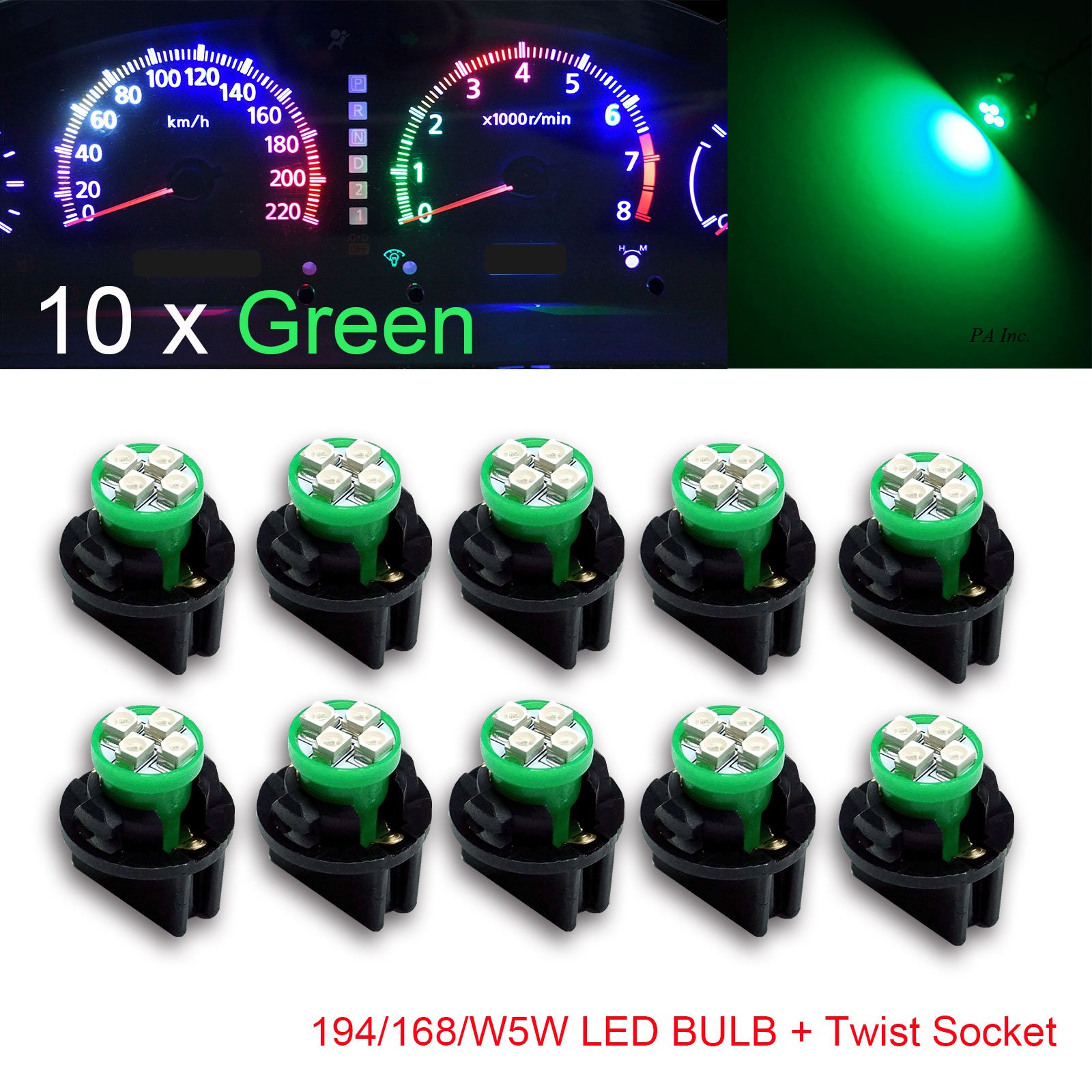 PALED10x T10 168 194 Led instrument Panel Dash Light Bulb 1/2" Twist Lock Socket -12V (Green)