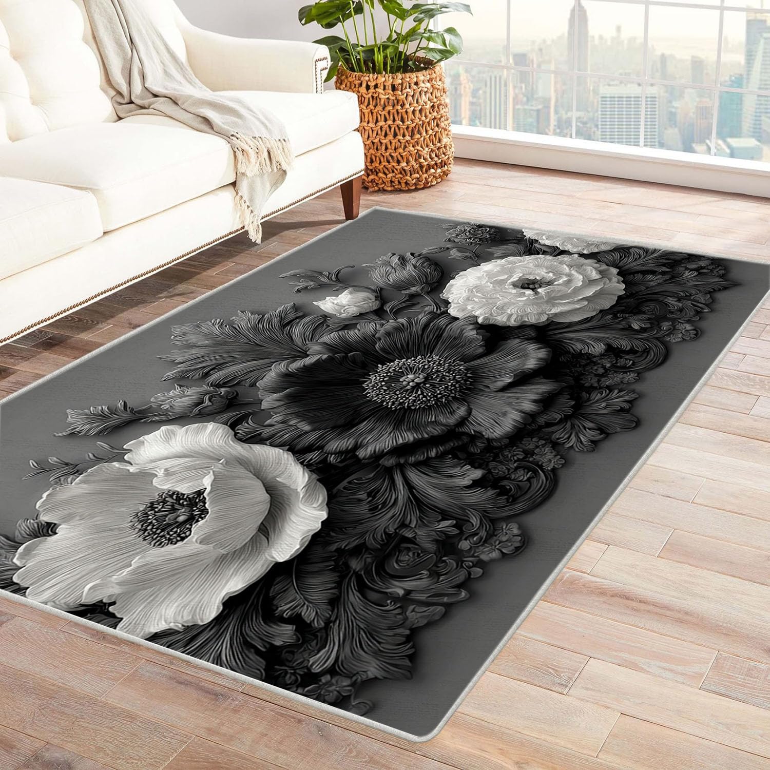 Tapis de salon abstrait moderne noir et blanc 90x120 pour chambre adulte