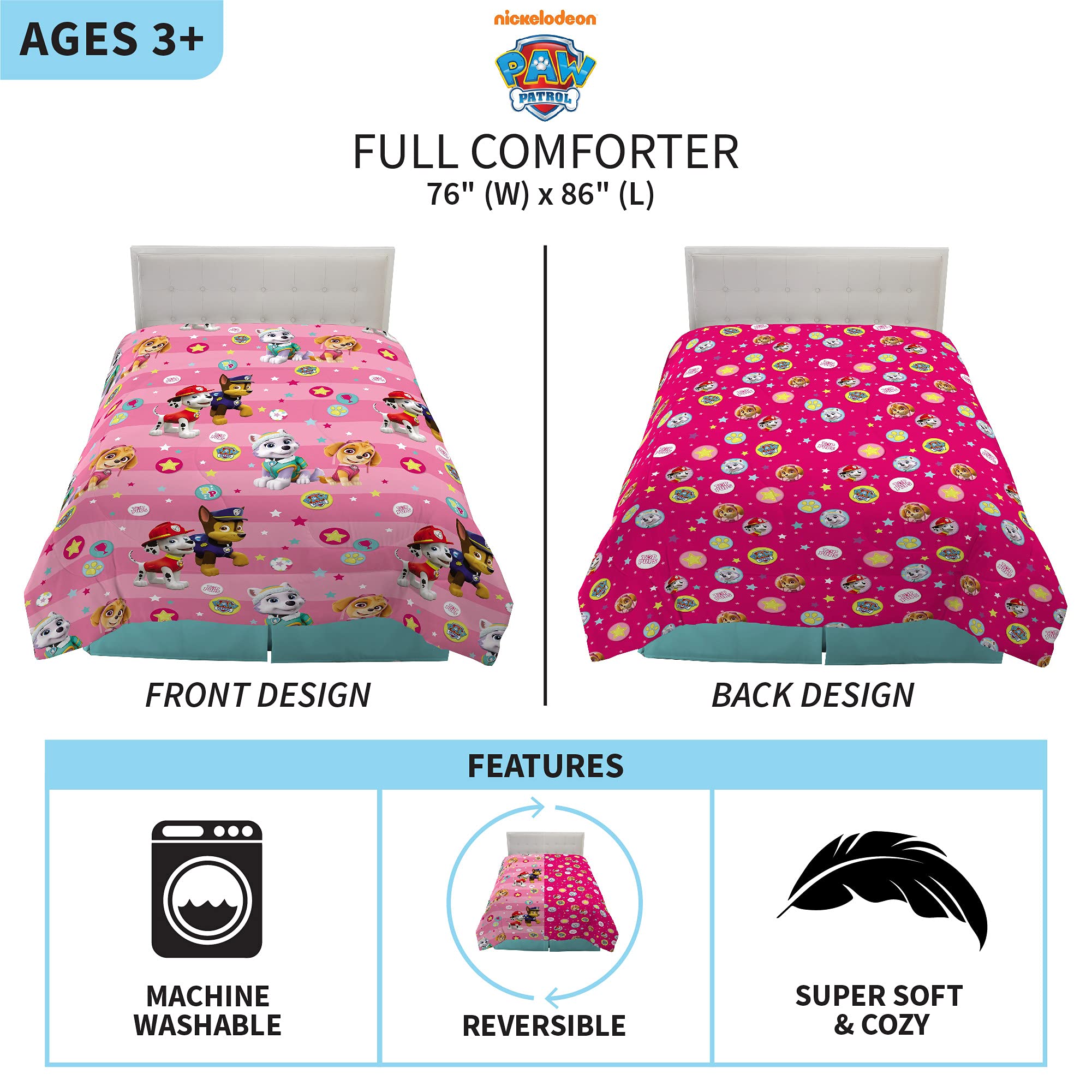 Paw Patrol Girls Kids Bedding Soft Microfiber Comforter, Full, (Official) Nickelodeon Product By Franco