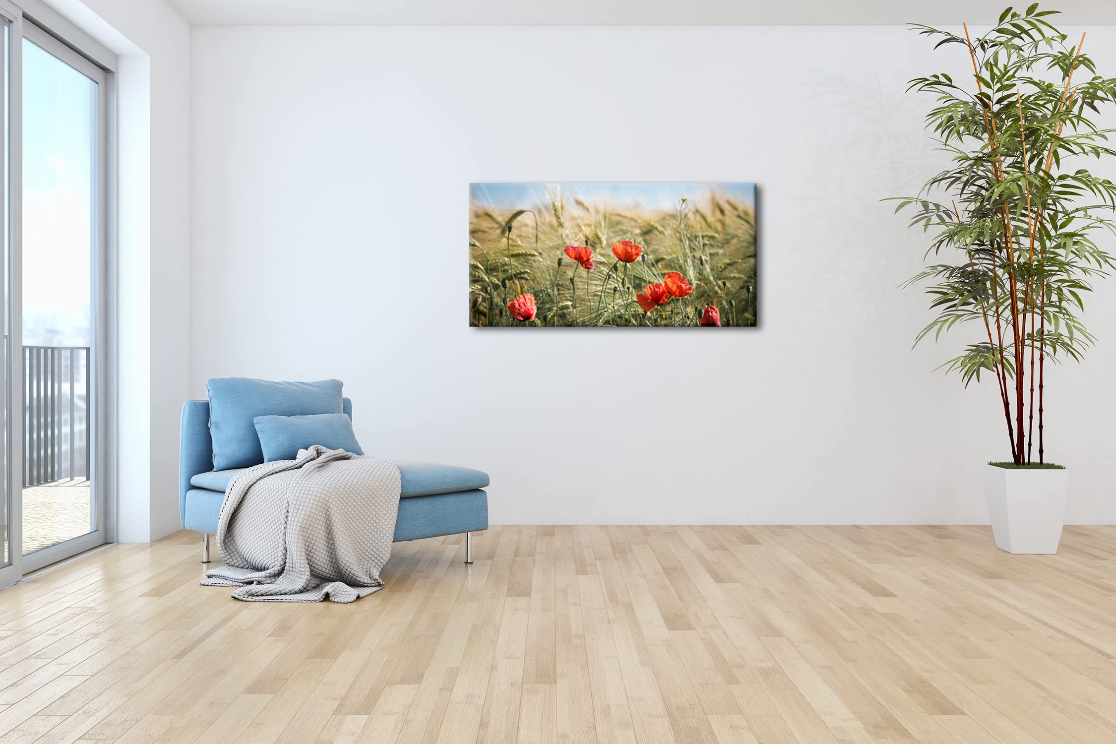 Leinwandbild Zarte Mohnblumen im Getreidefeld – Poesie der Natur Panorama Format: 120x60 cm XXL Kunstdruck Bild auf Keilrahmen/Wandbild/Wohnzimmer Deko