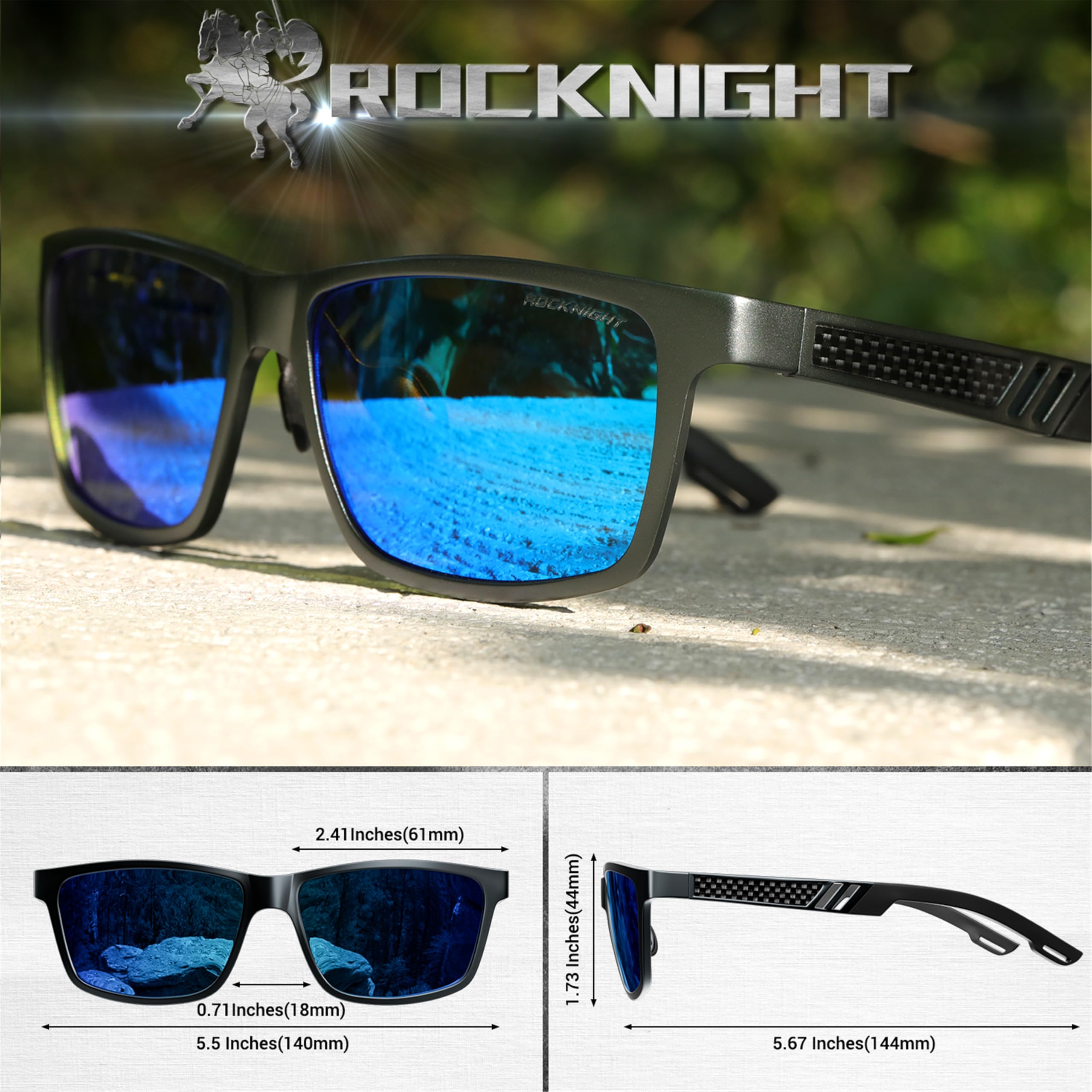 ROCKNIGHT HD Polarisierte Sonnenbrille für Herren Angeln Blau verspiegelte lässige Strandsonnenbrille für großen Kopf
