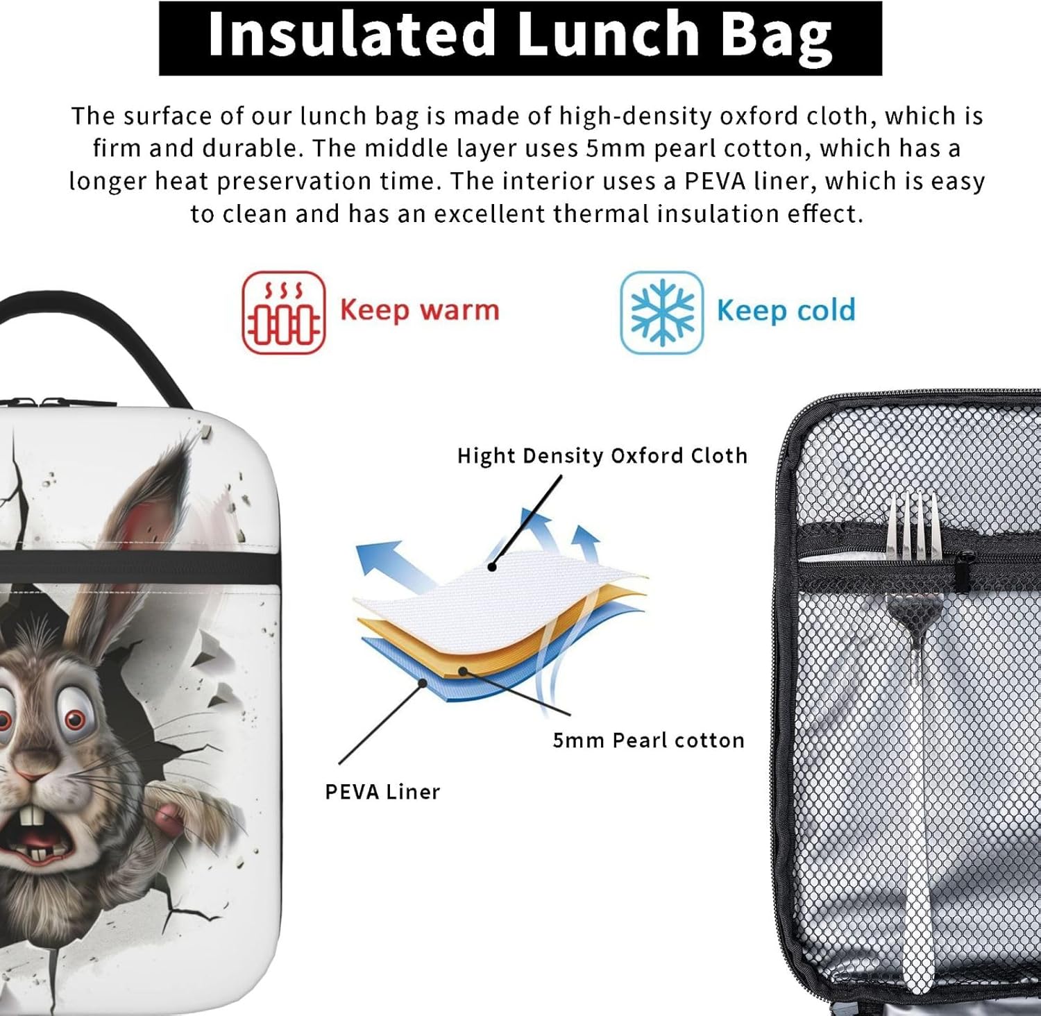 Insulated Lunch Box for Women Men, Bunny Theme Lunch Box Reusable Portable Lunch Bag Cooler Tote Waterproof Lunch Container for Office Picnic Work Travel - Image 5