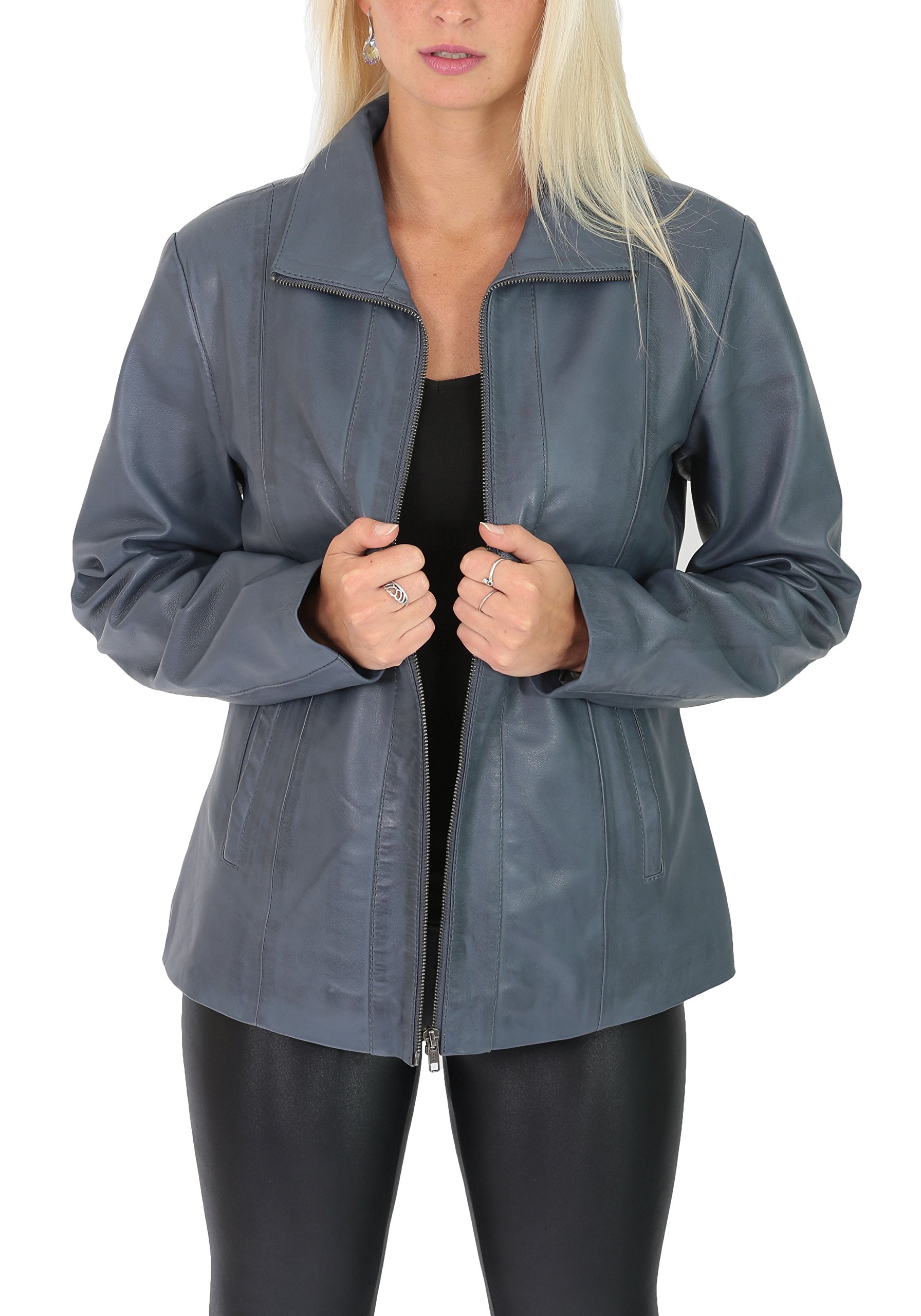 Womens Classic Zip Up Real Leather Jacket Semi Fitted Lambskin Coat JULIA Blue (22)