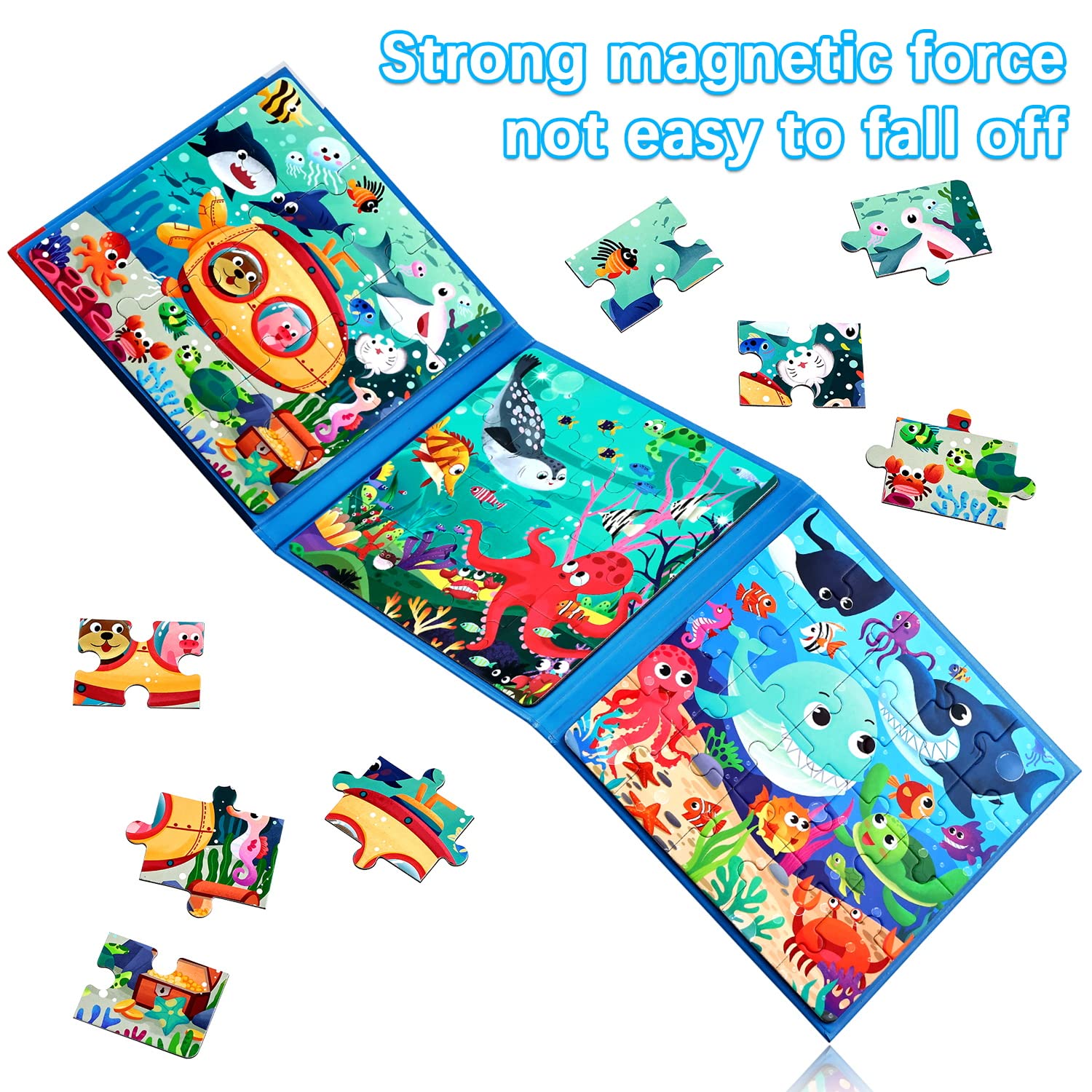 BBLIKE Puzzle Magnetici per Bambini dai 3 Anni in su, Puzzle 3-in-1, Puzzle con Animali in Legno Libro per Bambini, Giochi da Viaggio Giocattoli per Bambini di 3 4 5 Anni Ragazzi e Ragazze(oceano)