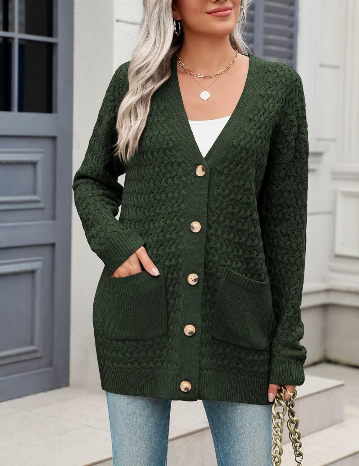Zeagoo Womens 2026 Long Sleeve Chunky Cable Knit Fall Cardigans Sweaters Button Down Open Front Outerwear with Pockets - Image 3