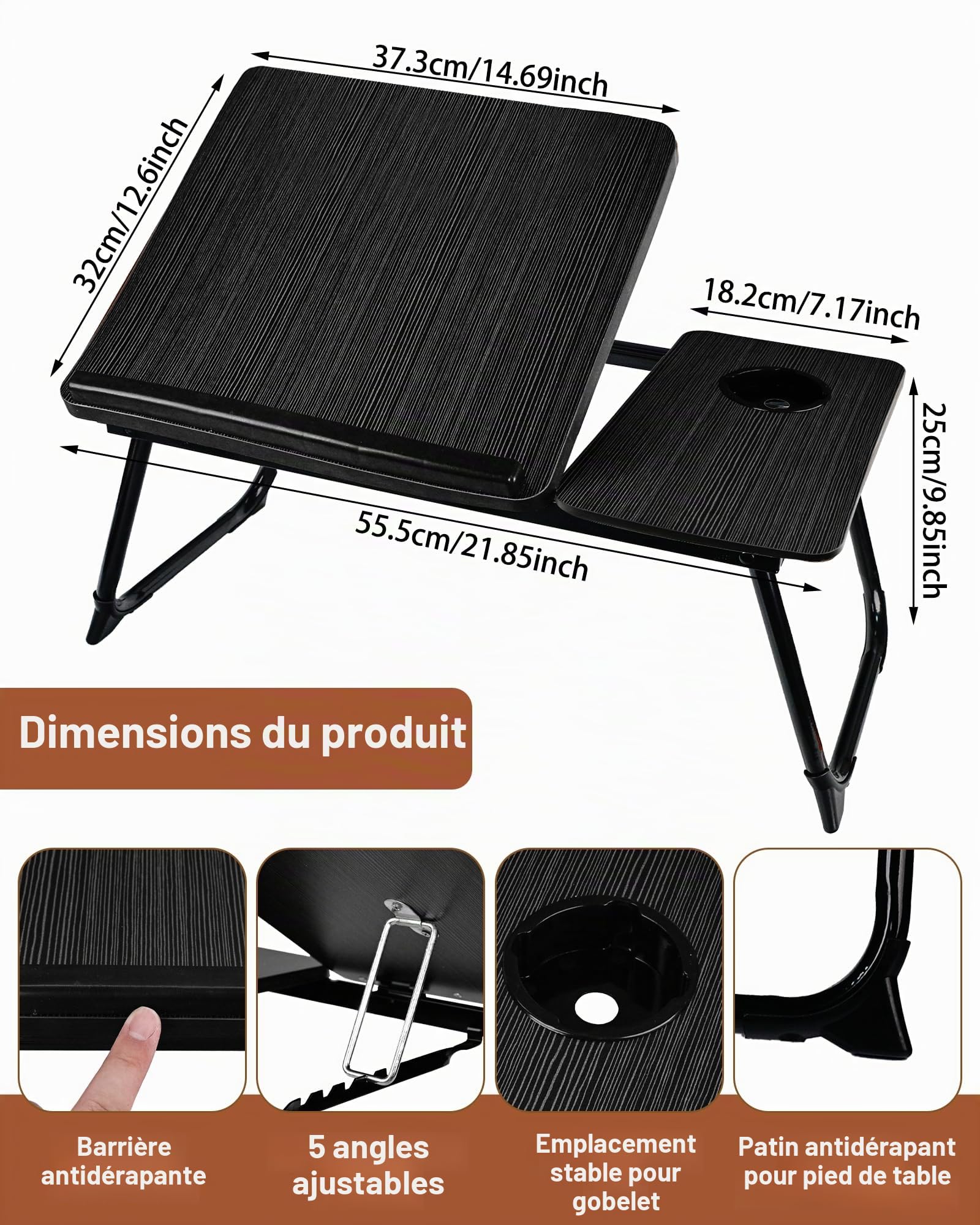 Plateau de Lit Pliable 55.5x32x25cm - Table de Lit avec Support Ordinateur Portable, Support Livre et Porte-Gobelet, 5 Positions Inclinaison jusqu'à 20kg (Noir)