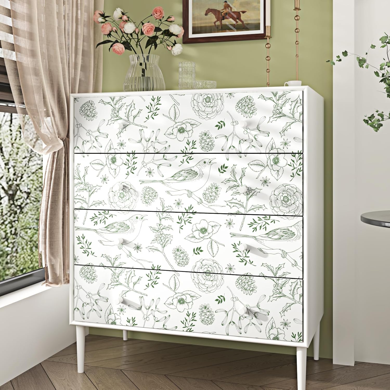 Floral Bird Sketch Wallpaper Peel and Stick Green Neutral Wallpaper Boho Animals Sketch Wall Paper Self Adhesive Removable Wallpapers for Bedroom Laundry Room Walls Cabinet 17.5 ×102''