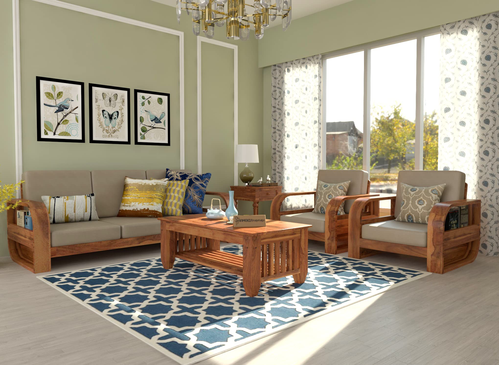 Wooden 5 Seater Sofa Set for Living Room | Five Seater Sofa for Office & Lounge | 3+1+1 Seater Sofa Sets for Home | Sheesham Wood, Honey-image-31