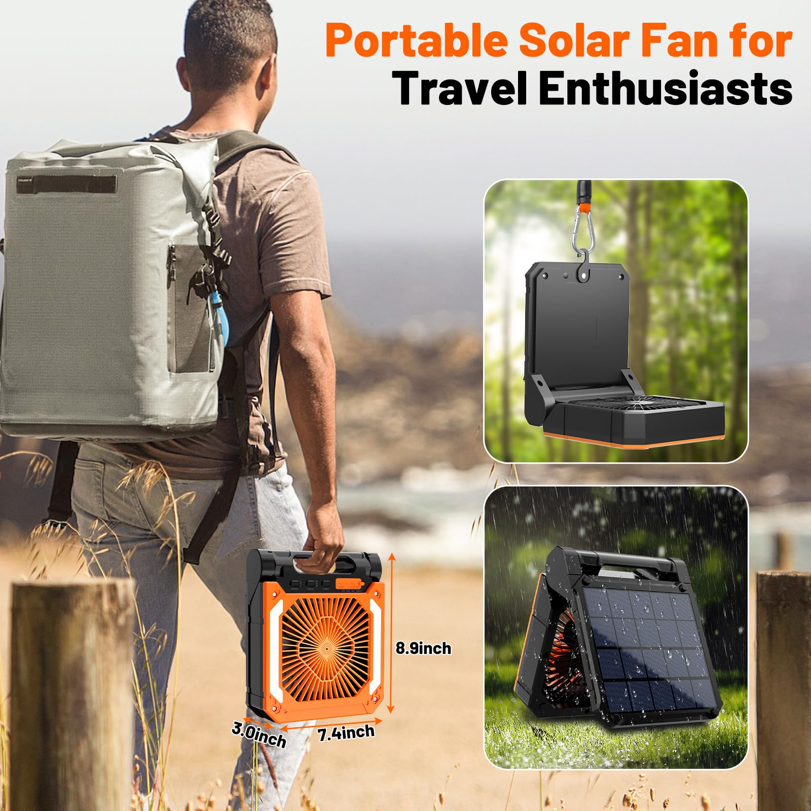 Ventilatore da Campeggio 20000mAh, Portatile Ricaricabile con Pannello Solare, Lampada LED 20 Luci, Power Bank, Gancio Girevole e Diffusore Aromi per Tenda, Viaggio, Emergenza