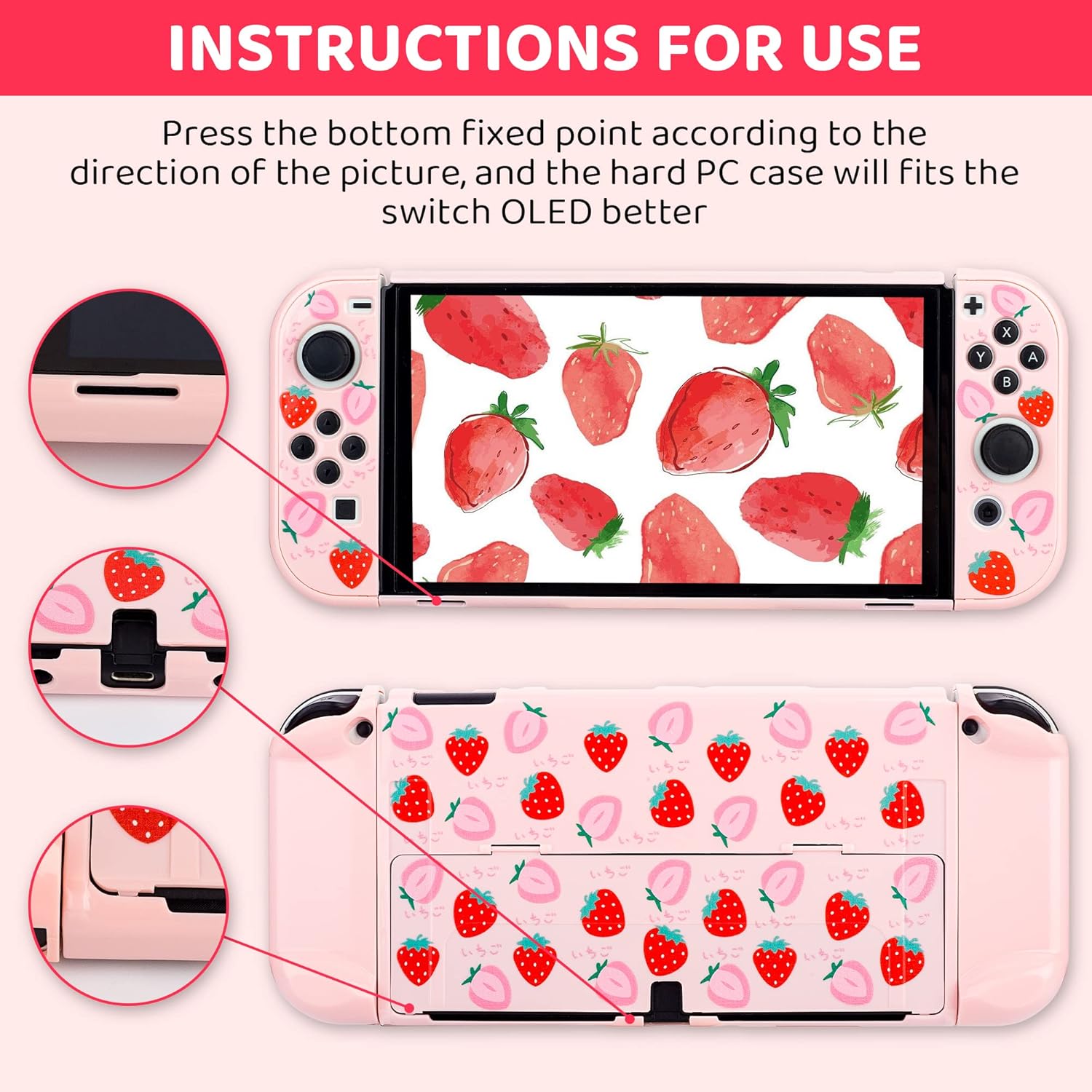 GLDRAM 6 in 1 Carrying Case Kit for Nintendo Switch OLED, Cute Travel Case with Hard Shell Skin Protective Cover, Glass Screen Protector, Thumb Grip Caps, Shoulder Strap for Girls - Pink Strawberry