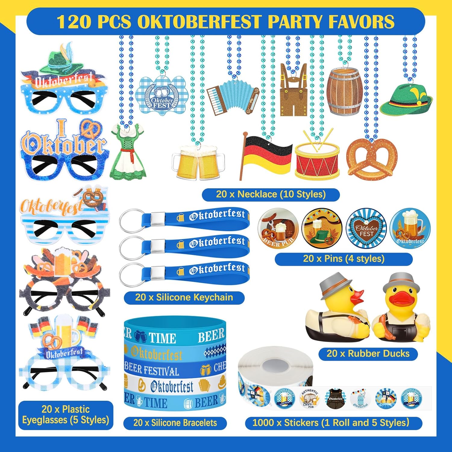1120 Pcs Oktoberfest Party Favors Include Rubber Duck Eyeglass 1000 Pcs Sticker Necklace Button Pin Silicone Bracelet Keychain Photo Booth Prop for German Bavarian Beer Supplies Decorations