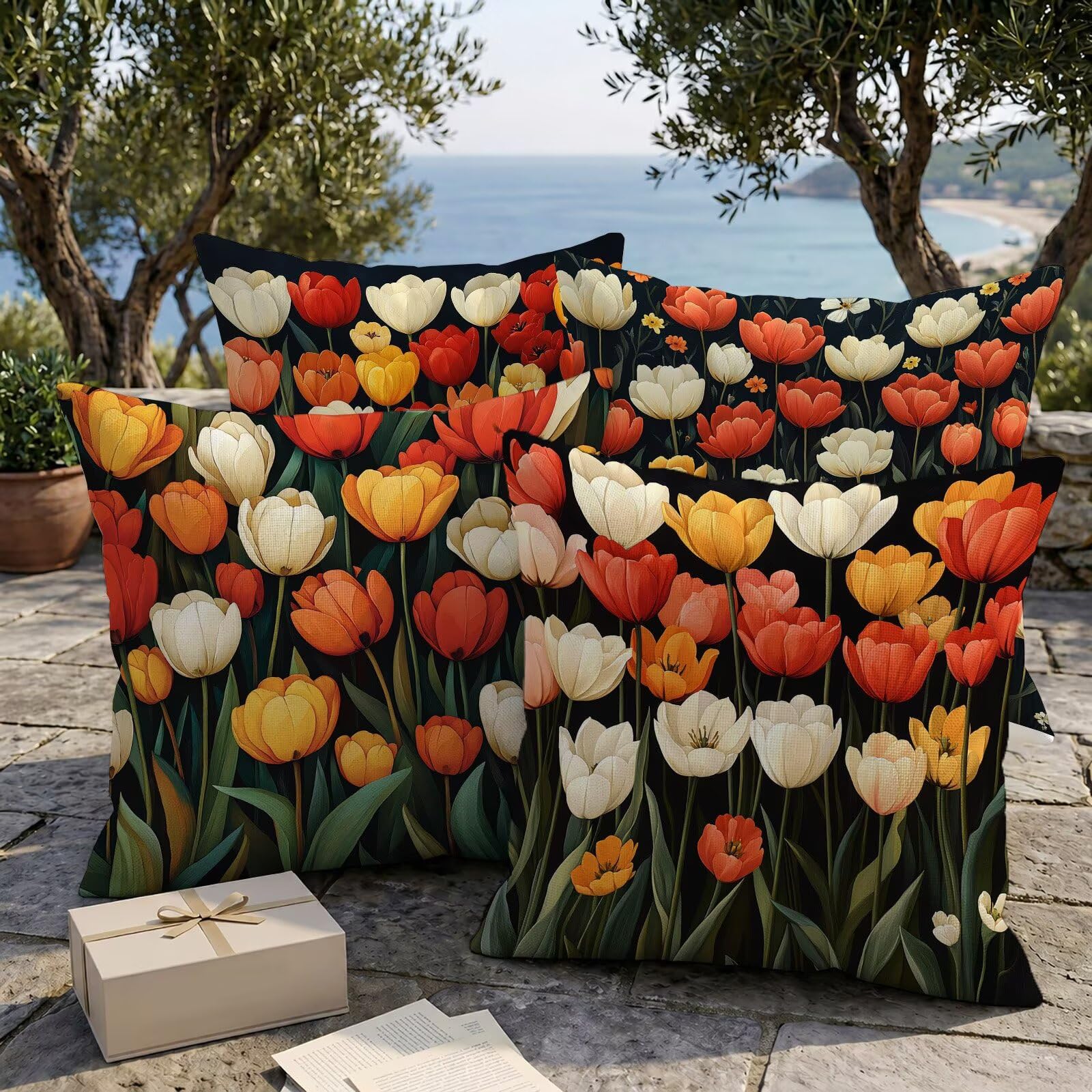 L-O532 Wodoodporne poszewki na poduszki tulipanowe 60 x 60 cm, zestaw 4 poszewek na poduszki dekoracyjne, na kanapę na zewnątrz, sofę, patio, meble ogrodowe, patio, kanapę, dekoracja domu