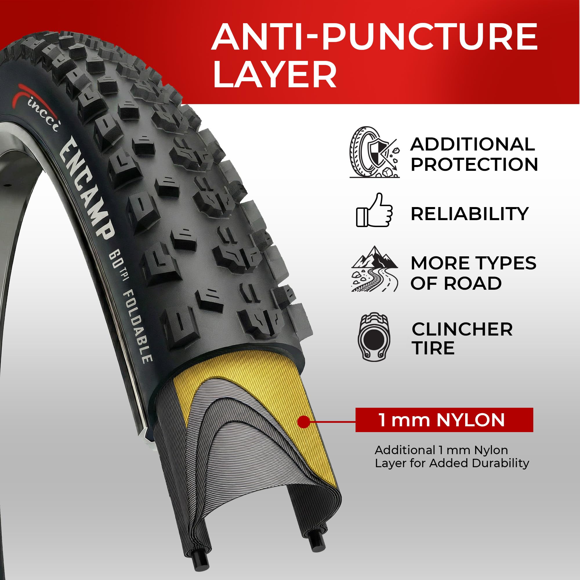 Fincci Paire de Pneus VTT 27.5 x 2.25 Pouces (57-584) ETRTO - Modèle Encamp 60 TPI Souple - Protection Anti-Crevaison Nylon 1mm - Pneu Haute Performance pour VTT Cross-Country et VAE Électrique