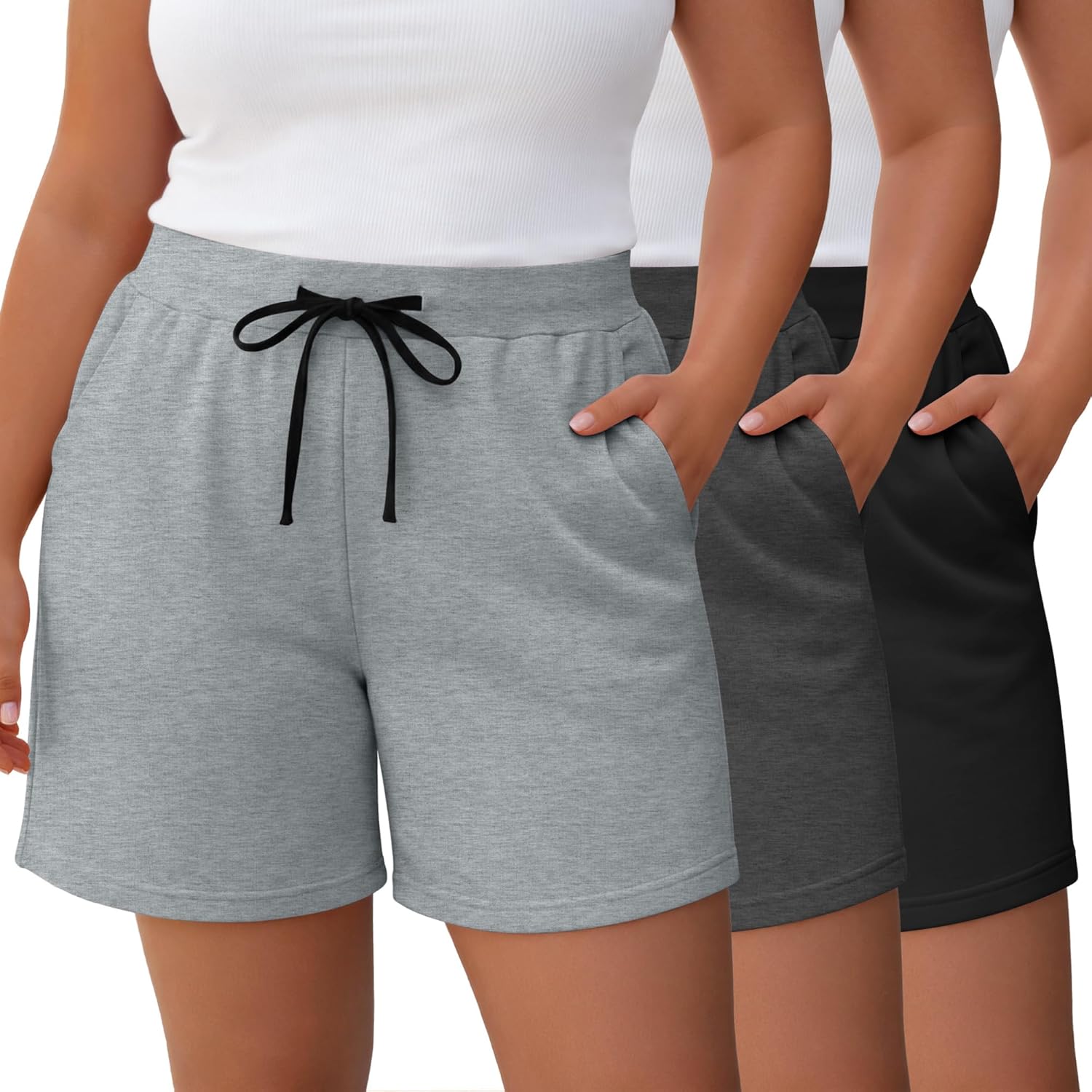 Neer 3 Pack Plus Size Shorts for Women Wide Leg Drawstring Curvy Shorts Athletic Workout Lounge Comfy SweatShorts with Pocket